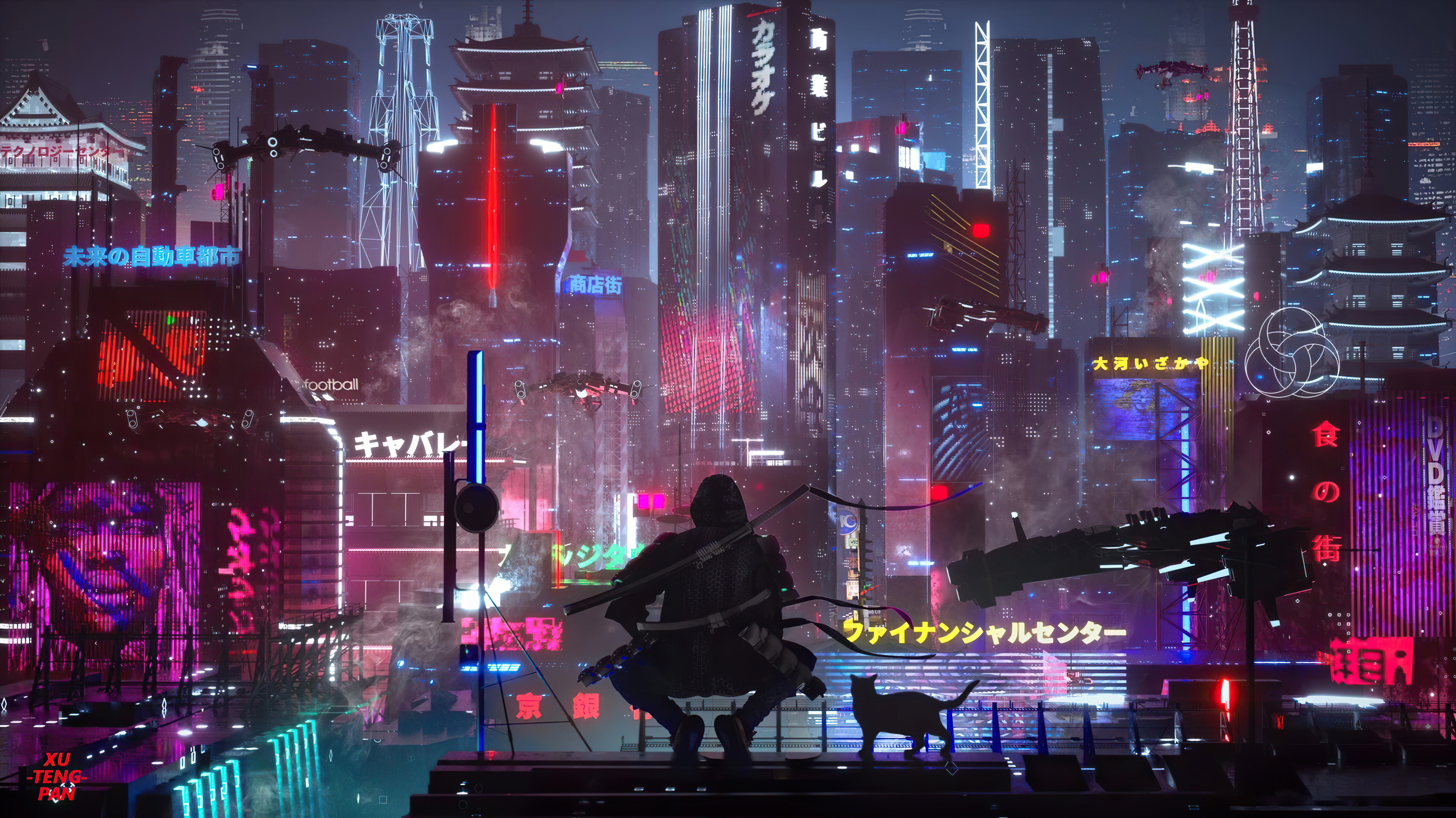 Cat City Cyberpunk Futuristic Man Skyscraper HD wallpaper