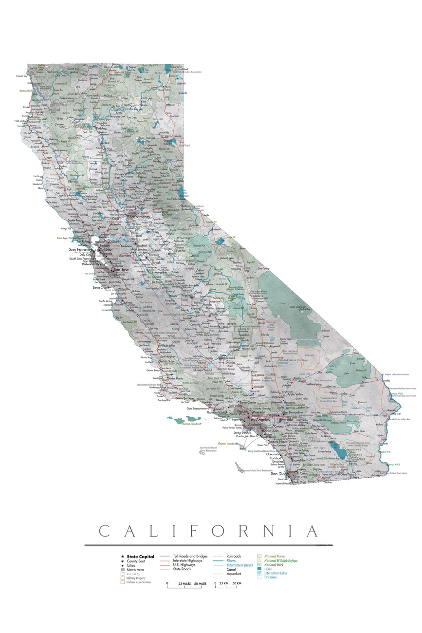California USA detailed state map Wall Mural