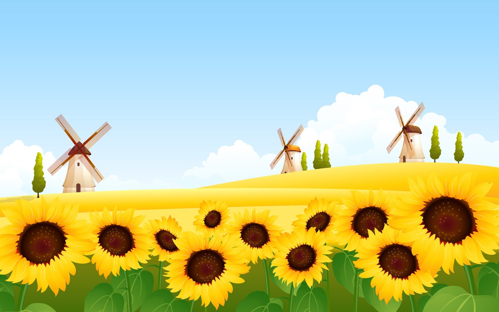 Artistic Windmills in Sunflower Field