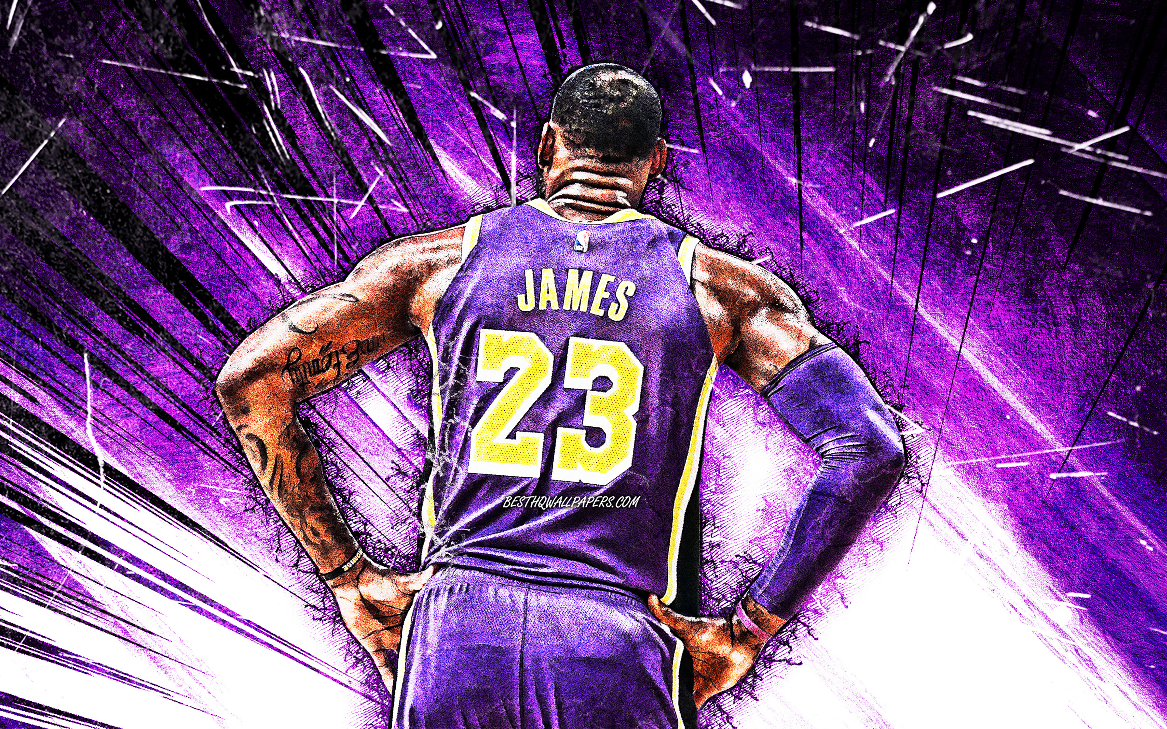 Download wallpaper LeBron James, 4k, back view, grunge art, Los Angeles Lakers, NBA, violet uniform, basketball stars, LeBron Raymone James Sr, violet abstract rays, LeBron James 4K, basketball, LA Lakers, creative, LeBron