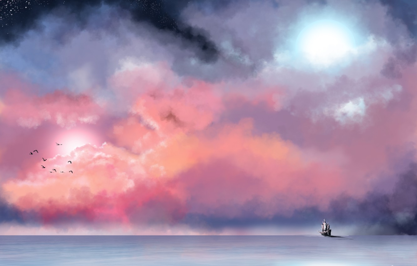 Wallpaper sea, the sky, stars, clouds, birds, fog, ship, painting image for desktop, section живопись