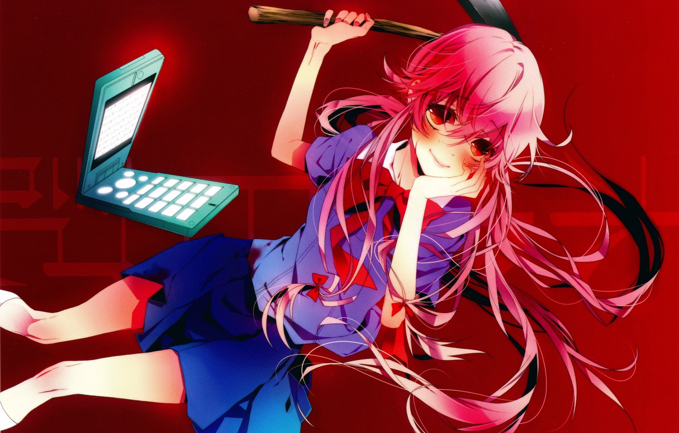 Wallpaper phone, axe, madness, Mirai Nikki, Future diary, Gasai Yuno, obsessed, blood on the face, by Naoto image for desktop, section сёнэн