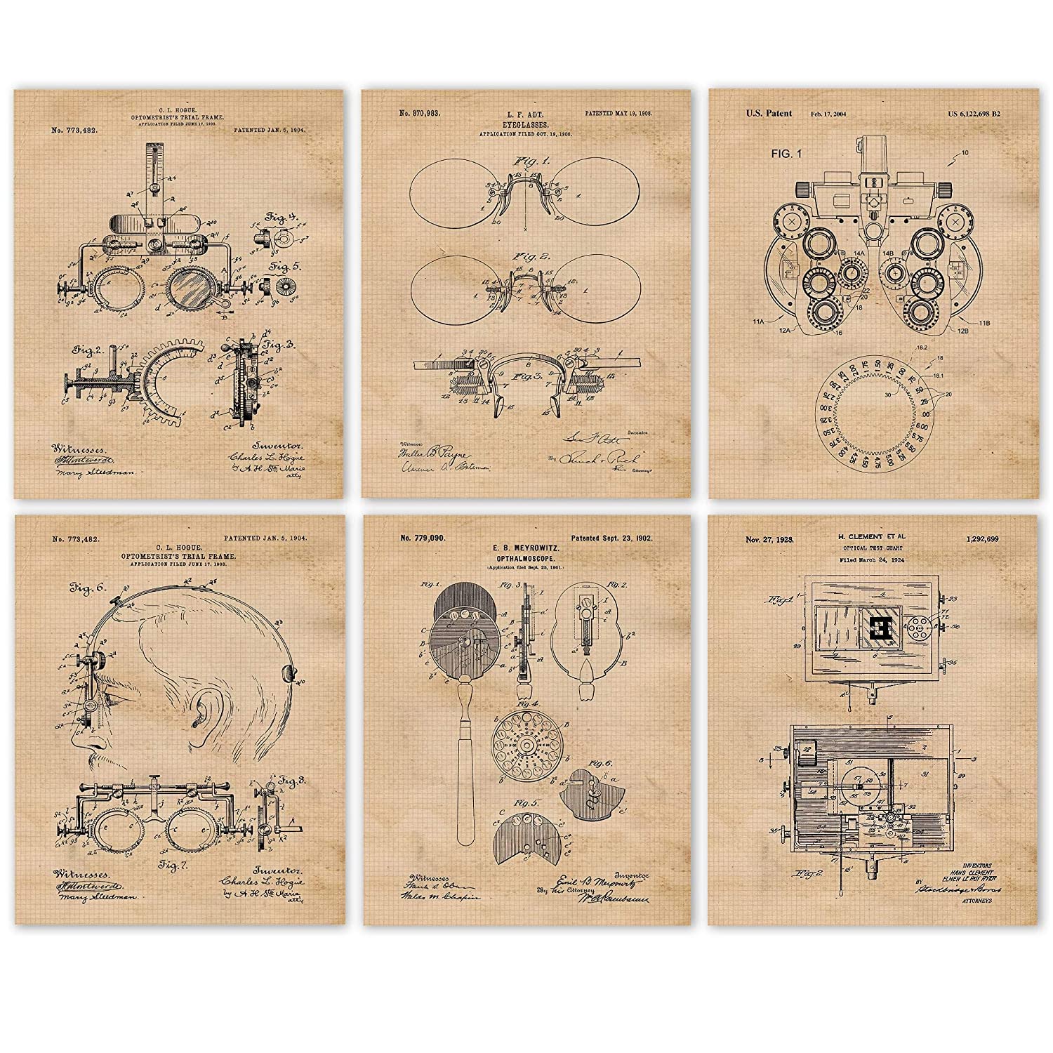 Vintage Optometry Patent Prints, 6 (8x10) Unframed Photo, Wall Art Decor Gifts Under 20 for Home Office Garage Shop Man Cave Smart Studio Student Teacher Eye Glasses Doctor Vision Fan