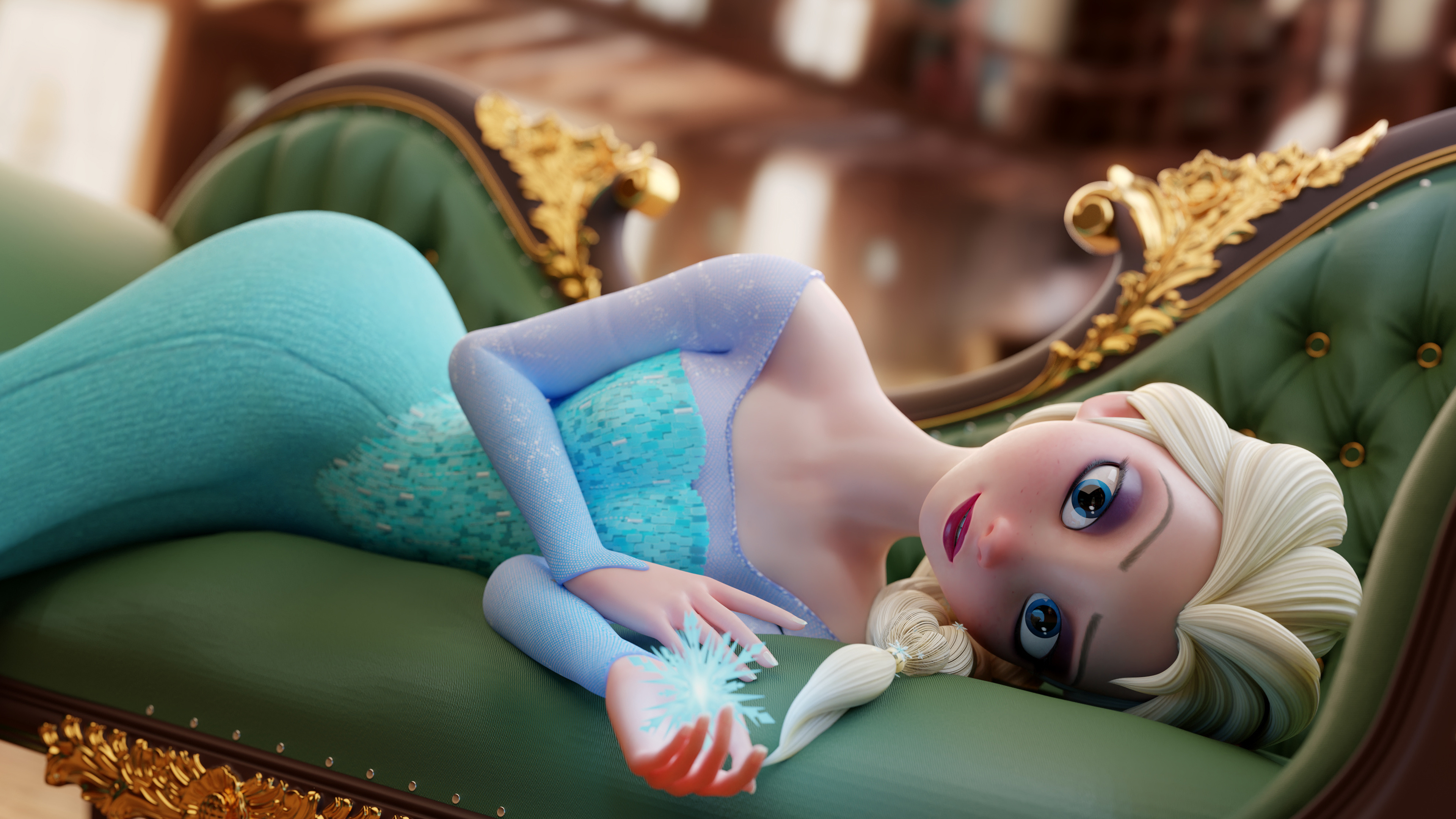 Elsa from Frozen laying on sofa Wallpaper 4k Ultra HD