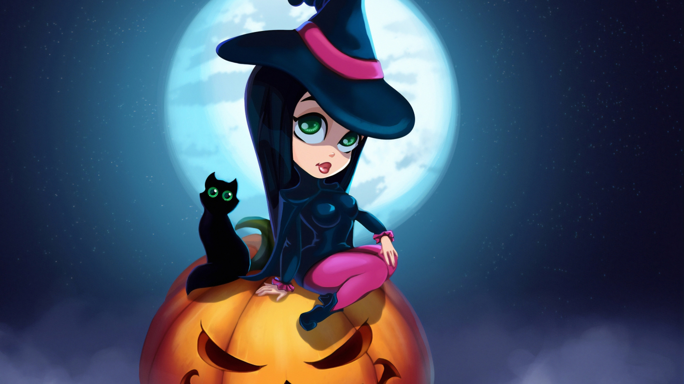 Cute witch and kitten Halloween art wallpaper background