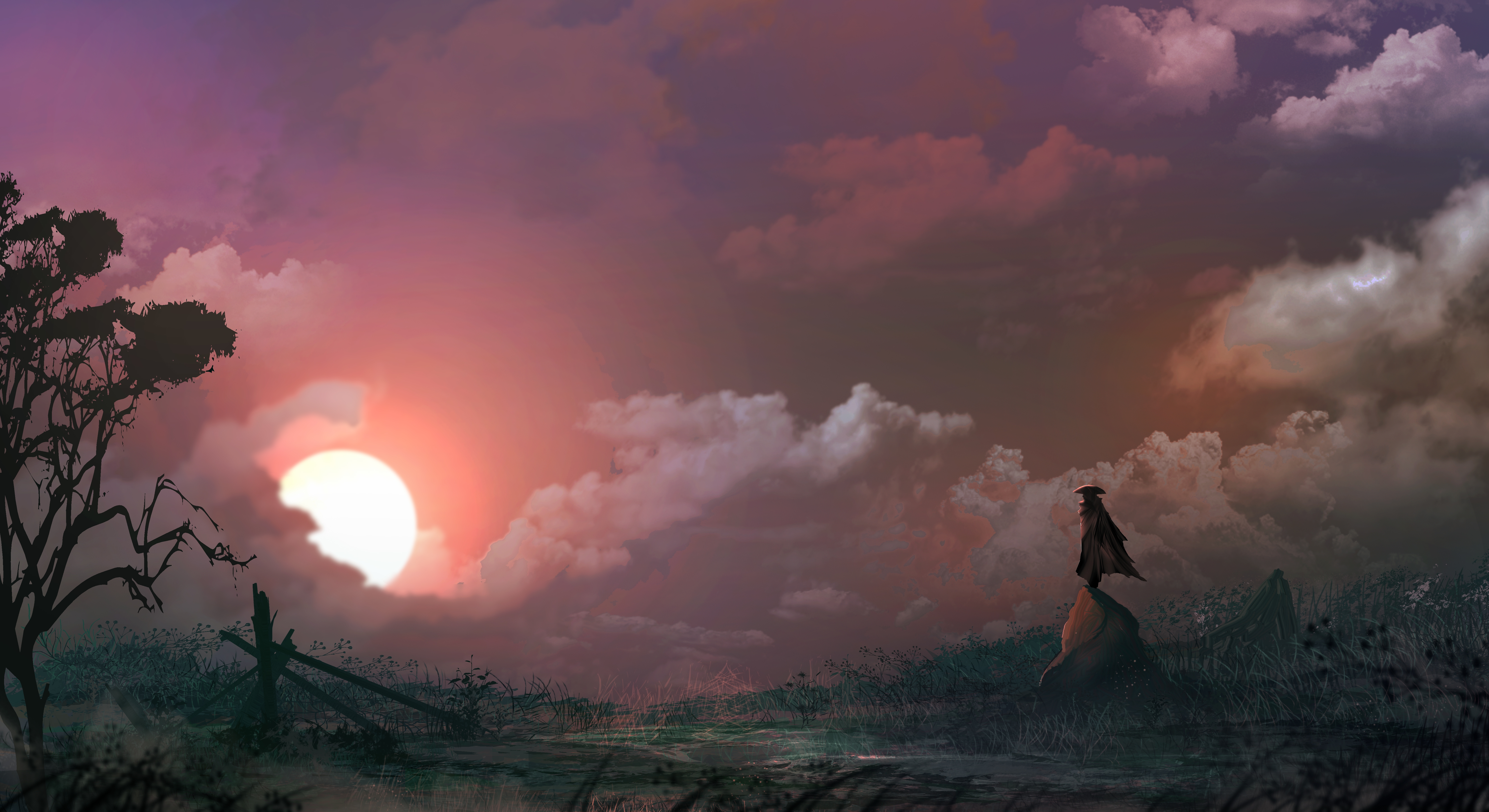 Download 2560x1440 Men Standing, Samurai, Sunset, Clouds, Sky Wallpaper for iMac 27 inch