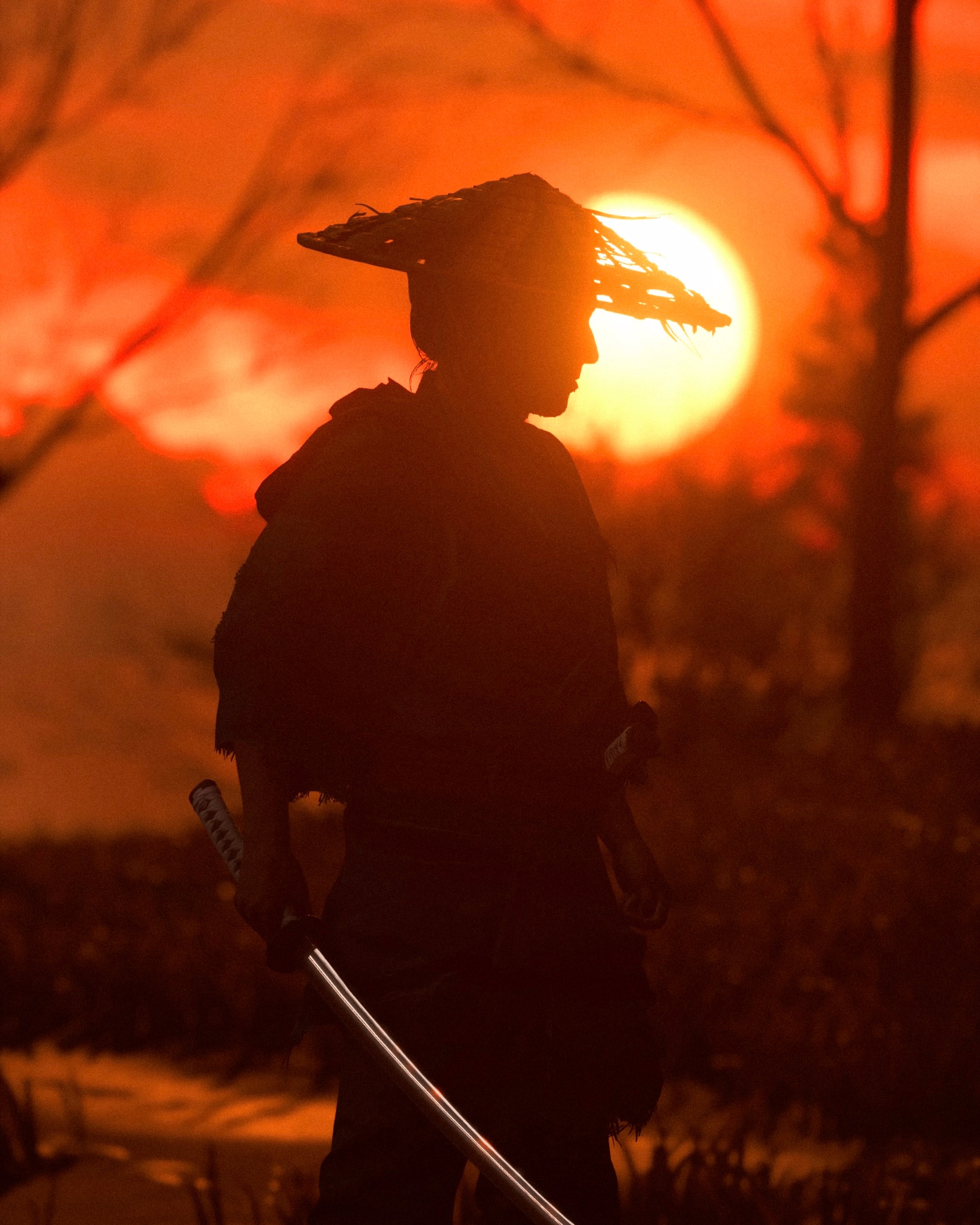 Download wallpaper 2160x2700 samurai, katana, silhouette, sunset, sun, dusk HD background