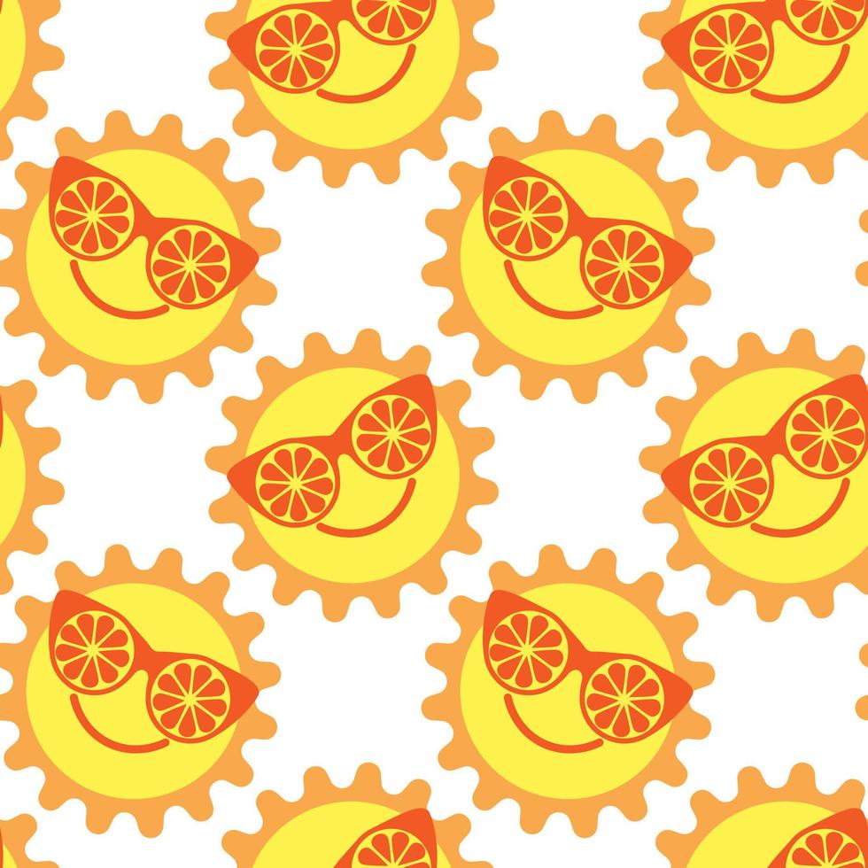 Summer seamless pattern for kids, cute sun in glasses made of oranges. Doodle illustration for print, textile, wallpaper, kids bedroom decor