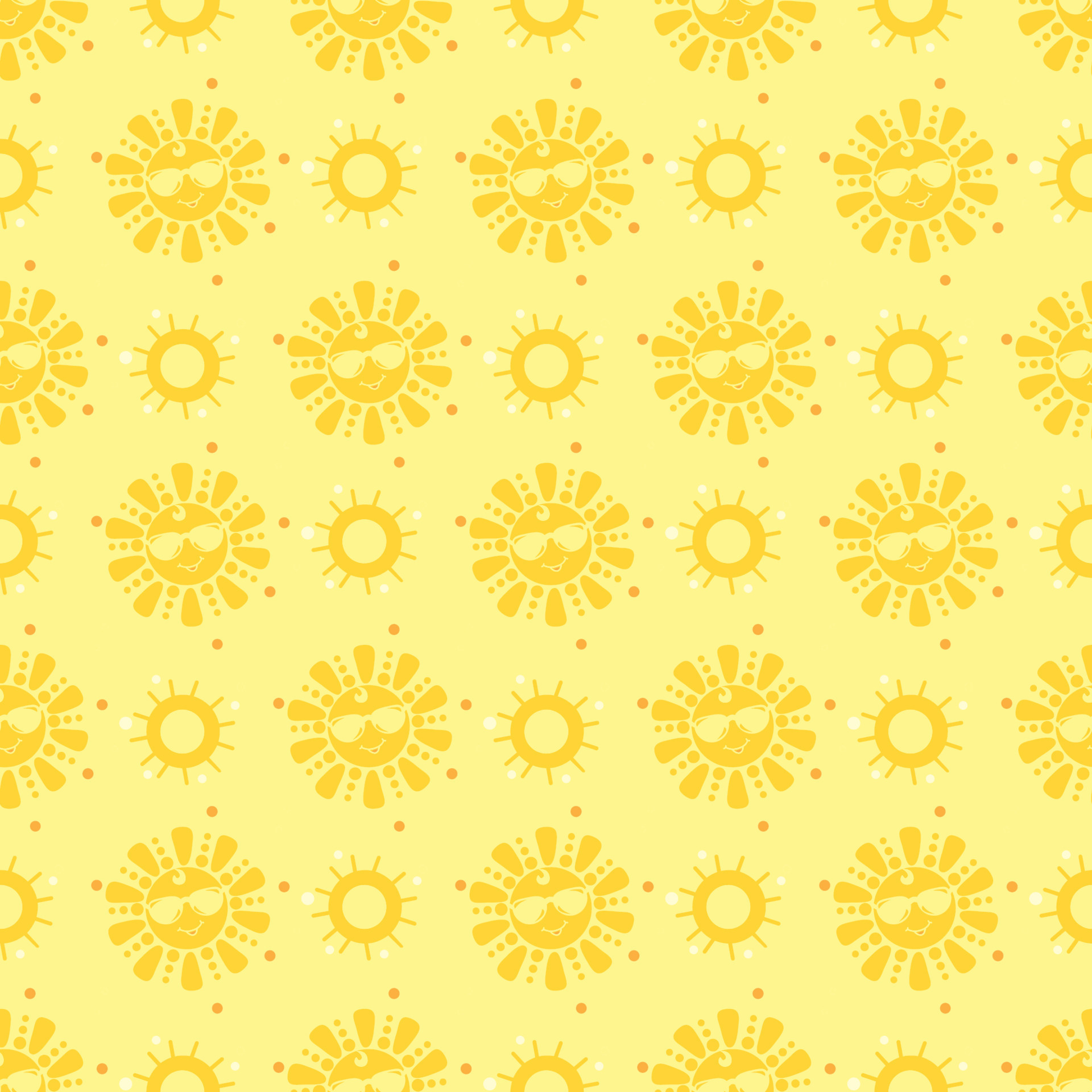 Seamless pattern. A cute yellow sun in sunglasses is smiling. Yellow background. Vector illustration. Design, decor, packaging, printing, wallpaper, textiles, summer illustrations