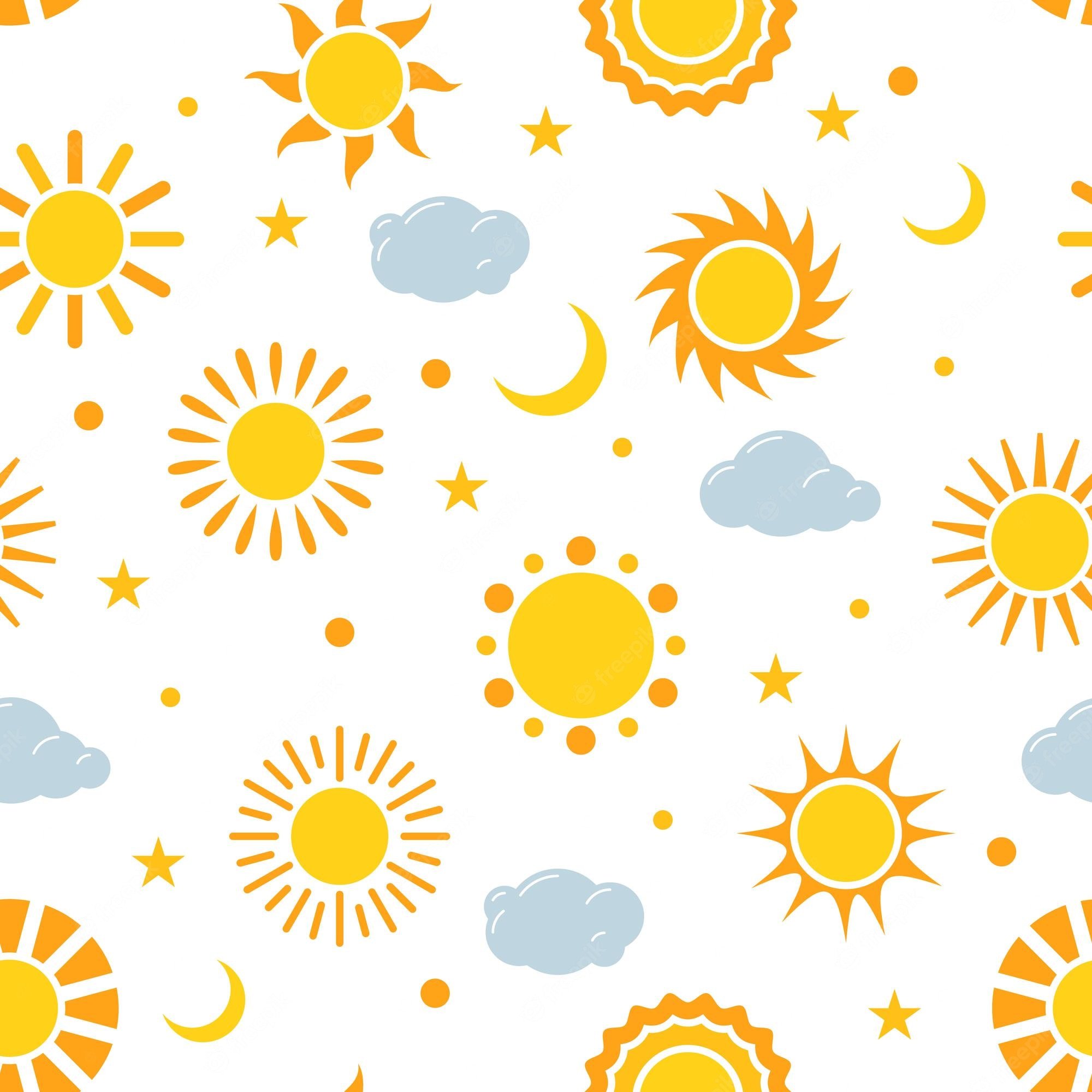 Premium Vector. Sun seamless pattern. childish background with sky elements. funny summer symbols. clouds and sunshine. clear weather nursery print. solar signs. stars and crescent. vector wallpaper