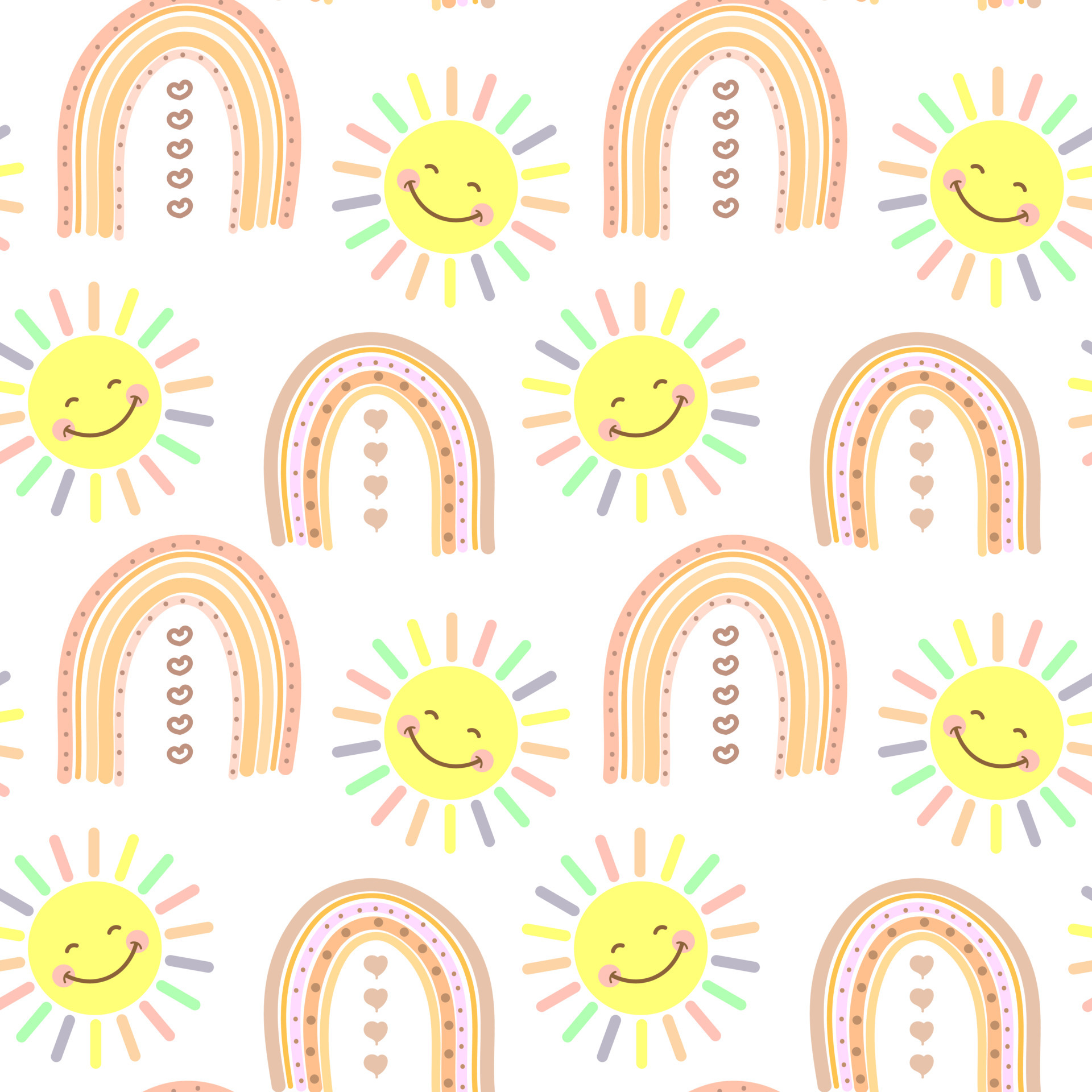 Summer background for children, cute smiling sun and multicolored rainbows. Doodle illustration for print, textile, wallpaper, children's bedroom decor