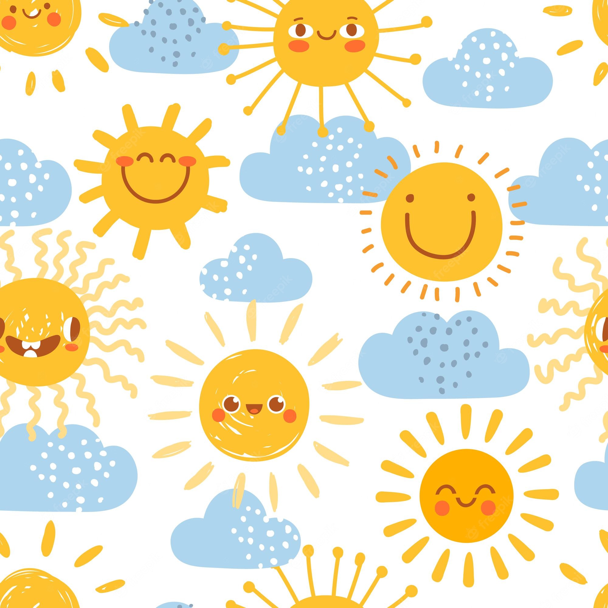 Premium Vector. Cartoon sun seamless pattern. print for nursery with summer sunny day sky with clouds. cute baby sunshine with funny emoji faces vector set. warm weather elements for kids wallpaper