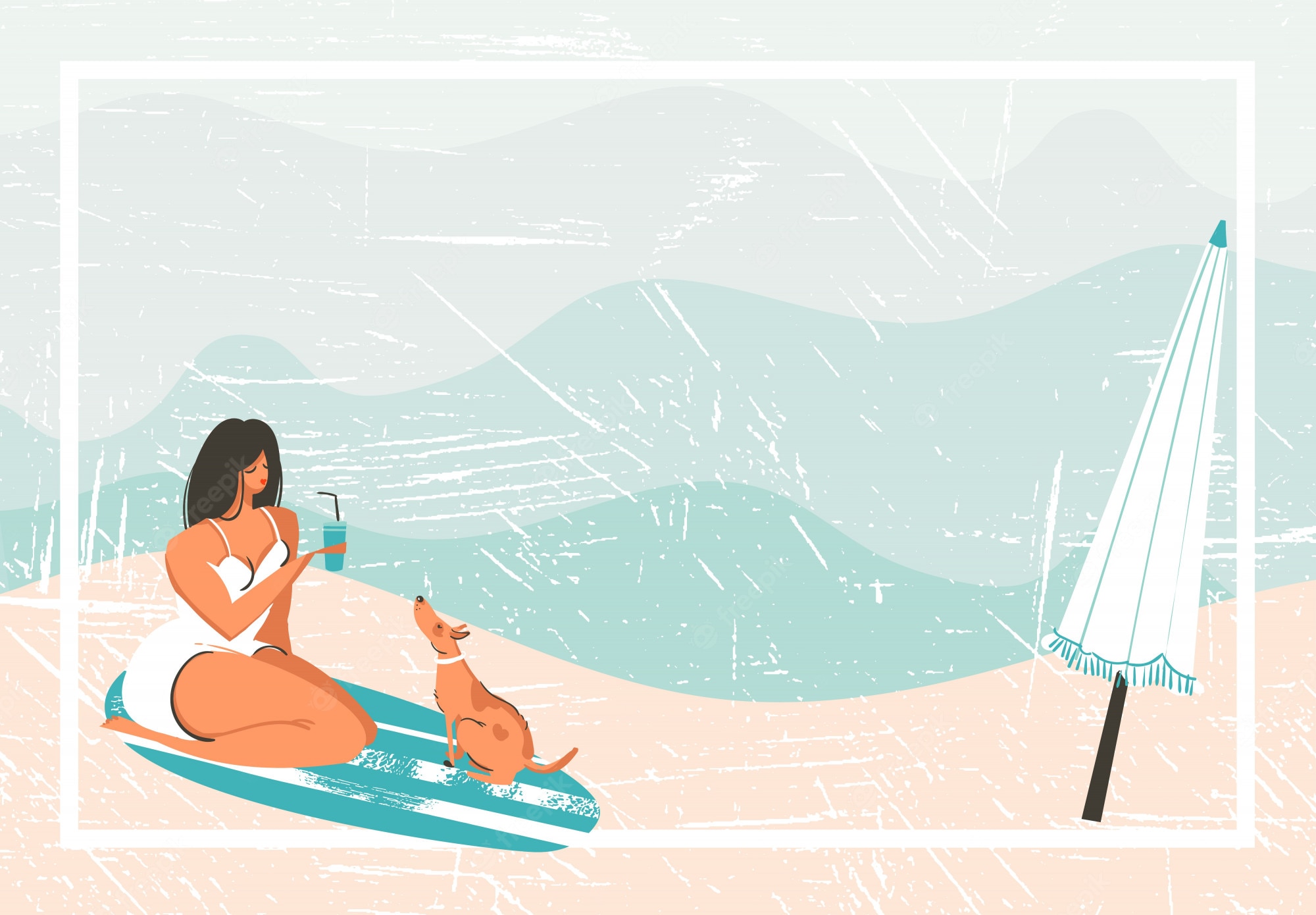 Premium Vector. Hand drawn abstract cartoon summer time fun retro vintage background with girl , surf board, dog and umbrella on sand shore
