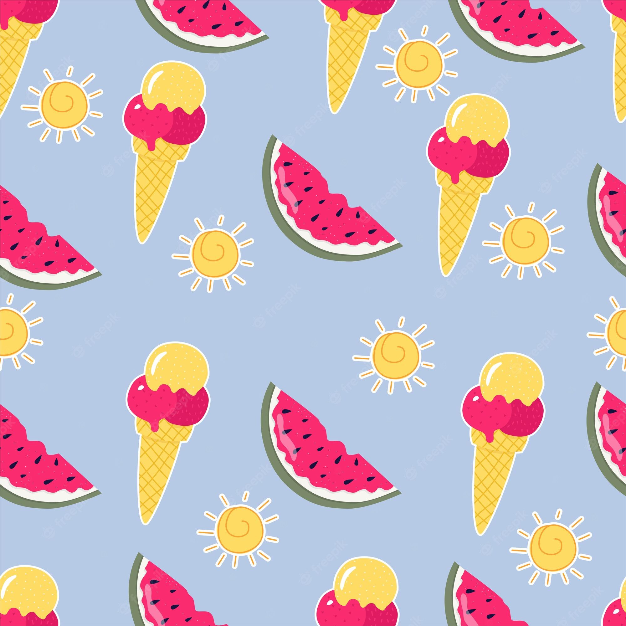 Premium Vector. Trendy summer pattern with watermelon sun and sweet ice cream on a blue background a bright summer pattern for printing paper wallpaper fabric and for