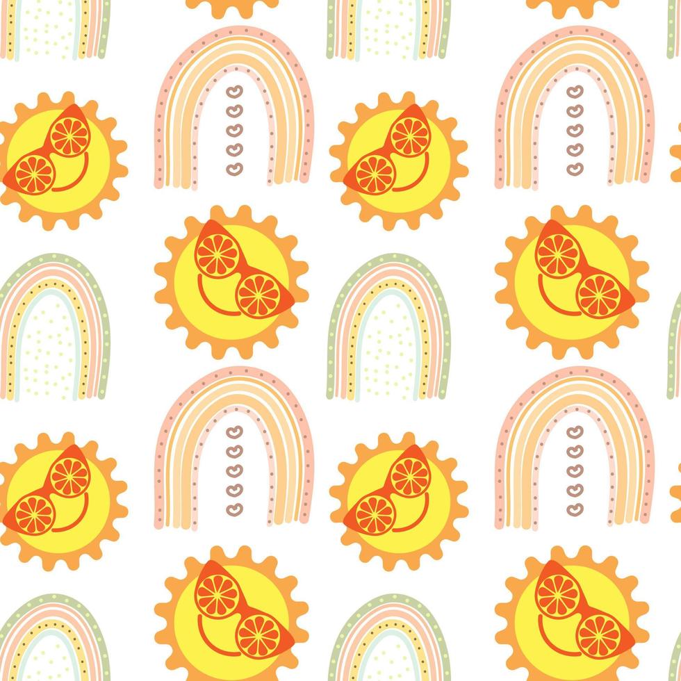 Summer seamless pattern for kids, cute sun in glasses made of oranges and rainbows. Doodle illustration for print, textile, wallpaper, kids bedroom decor