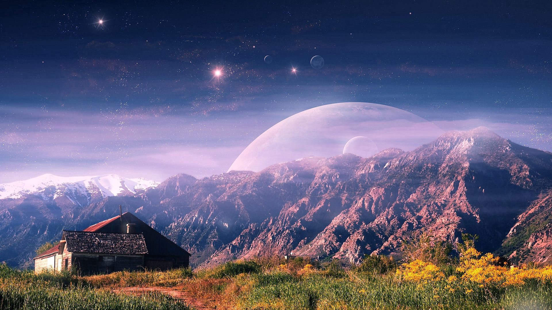 Download wallpaper 1920x1080 mountain, house, planet full hd, hdtv, fhd, 1080p HD background