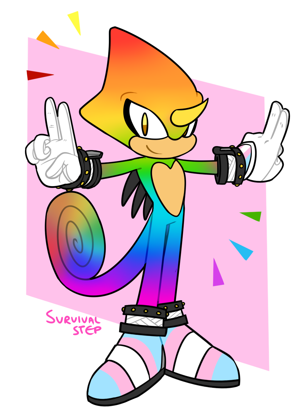 safe, artist:survivalstep, espio the chameleon, arms out, chameleon, color change, double v sign, gay pride, gloves, looking at viewer, pride, shoes, simple background, smile, solo, standing, trans male, trans pride
