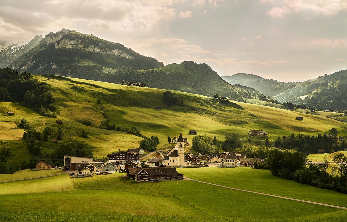 Wallpaper greens, trees, mountains, field, home, Switzerland, Alps, meadows image for desktop, section пейзажи