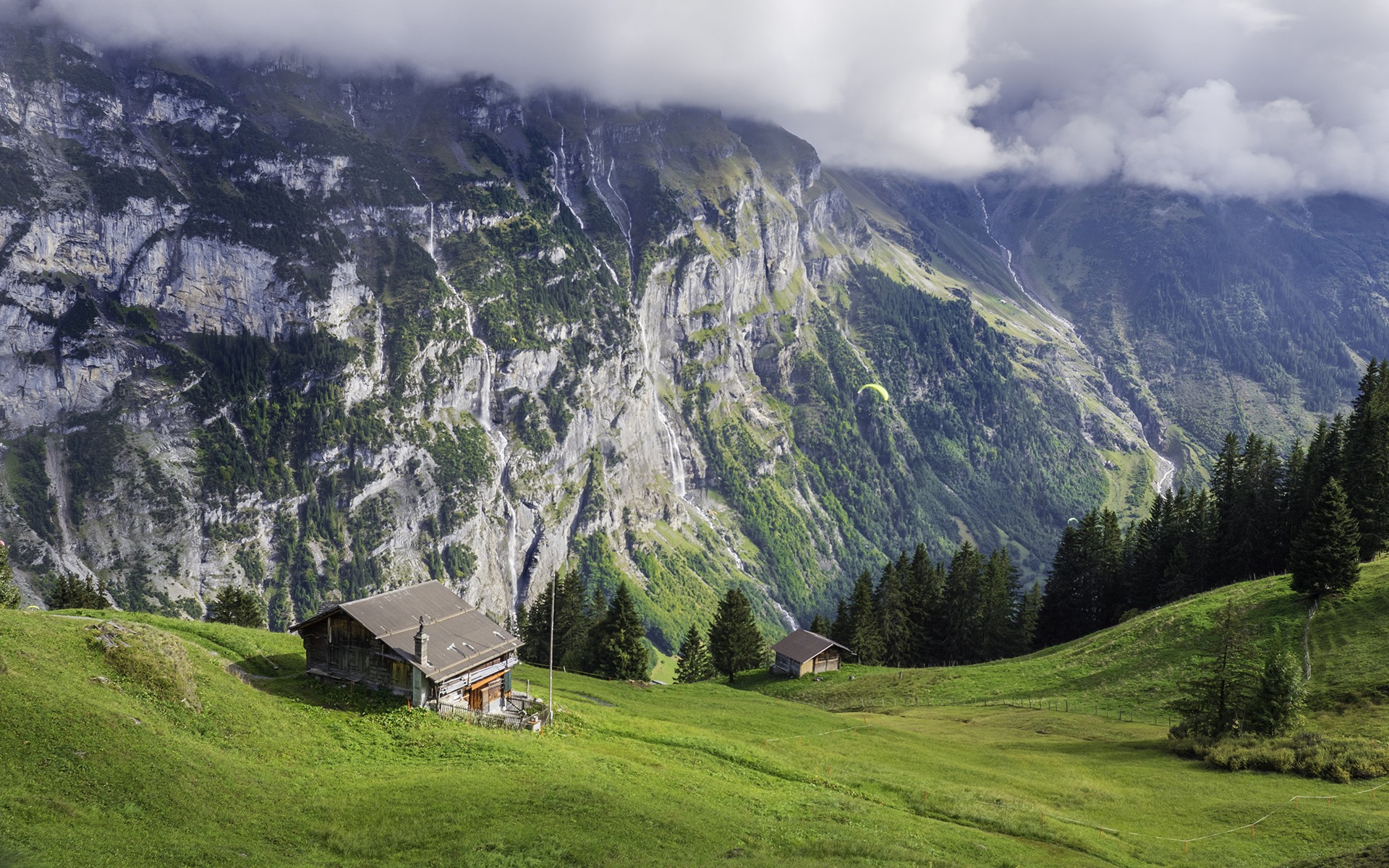 Wallpaper Switzerland, slope, green, mountains, house, clouds 1920x1200 HD Picture, Image