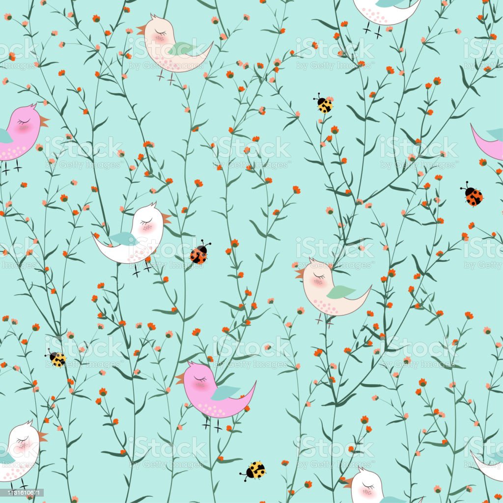 Cute Birds In Blooming Flowers Garden On Pastel Blue Background For Fabrictextileprint Or Wallpaper Stock Illustration Image Now