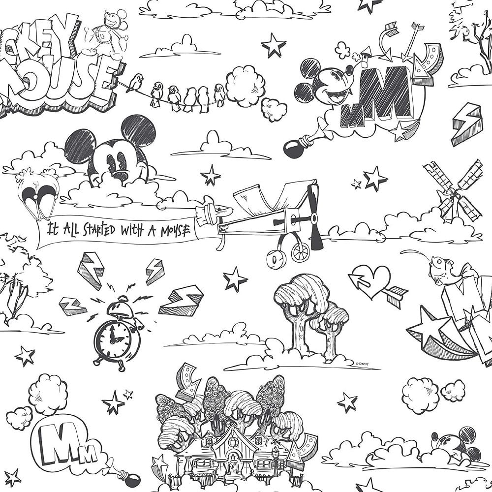Mens Galerie Wallcoverings Galerie Official Disney Mickey Mouse Pattern Pencil Cartoon Children's Black White Wallpaper. SALE. Buy Online UK