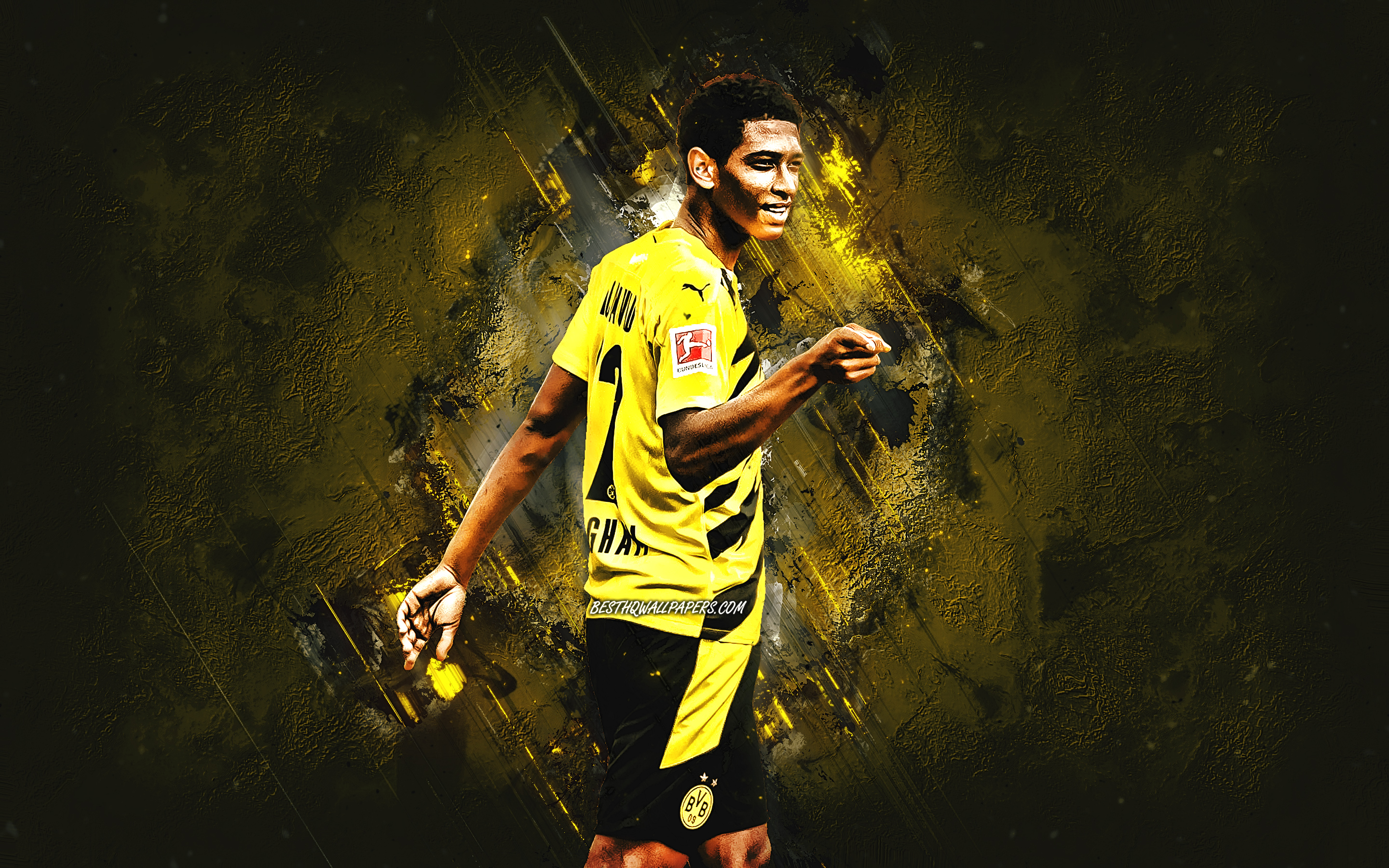 Download wallpaper Jude Bellingham, Borussia Dortmund, English footballer, midfielder, Bundesliga, BVB, yellow stone background, football for desktop with resolution 2880x1800. High Quality HD picture wallpaper