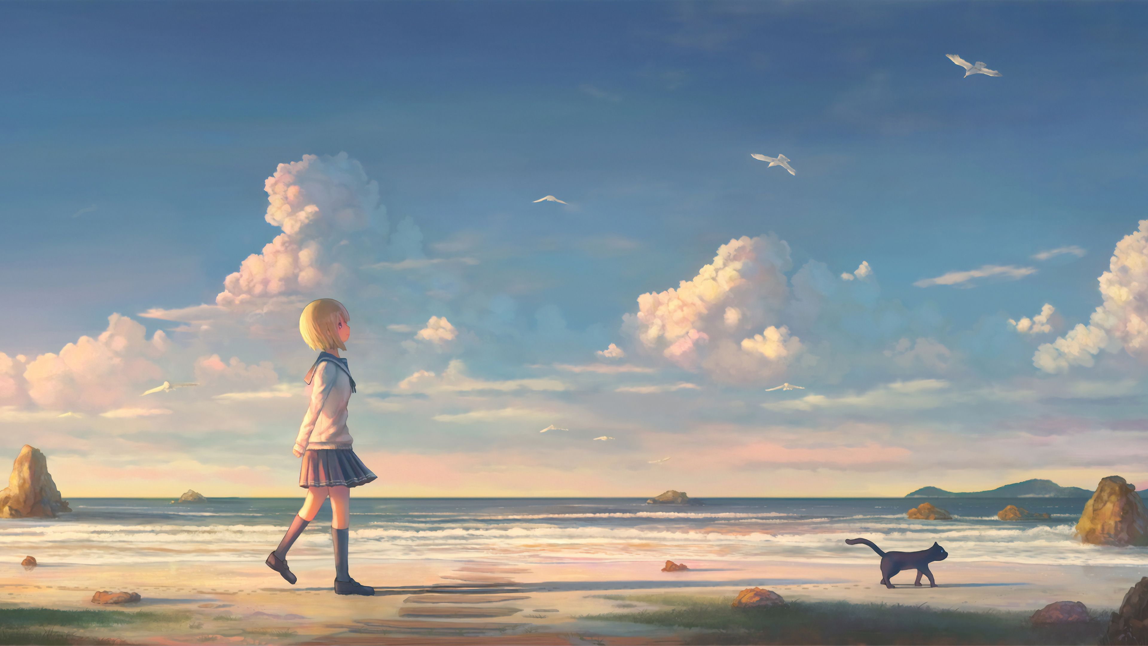 Wallpaper 4k Anime Girl Walking On Beach With Cat Wallpaper