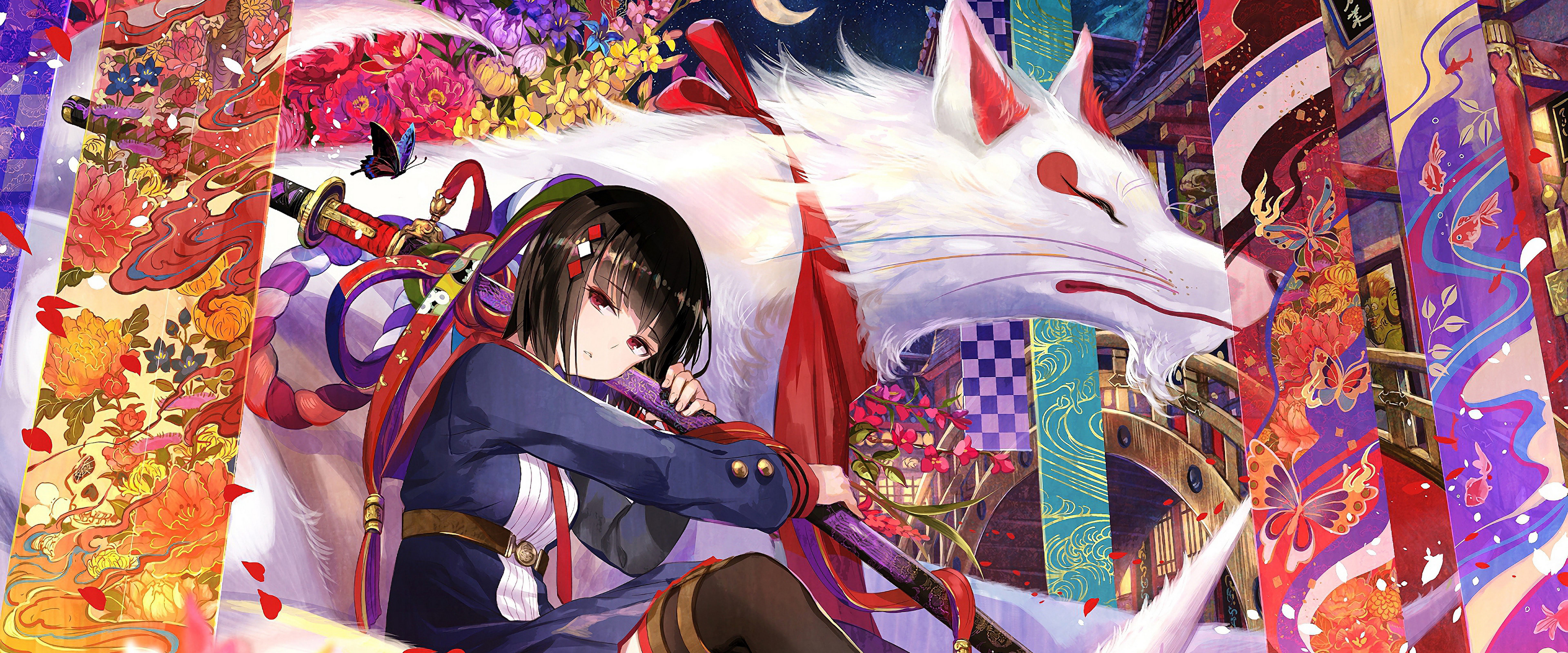 Samurai Anime Girl Katana White Wolf 4K Wallpaper