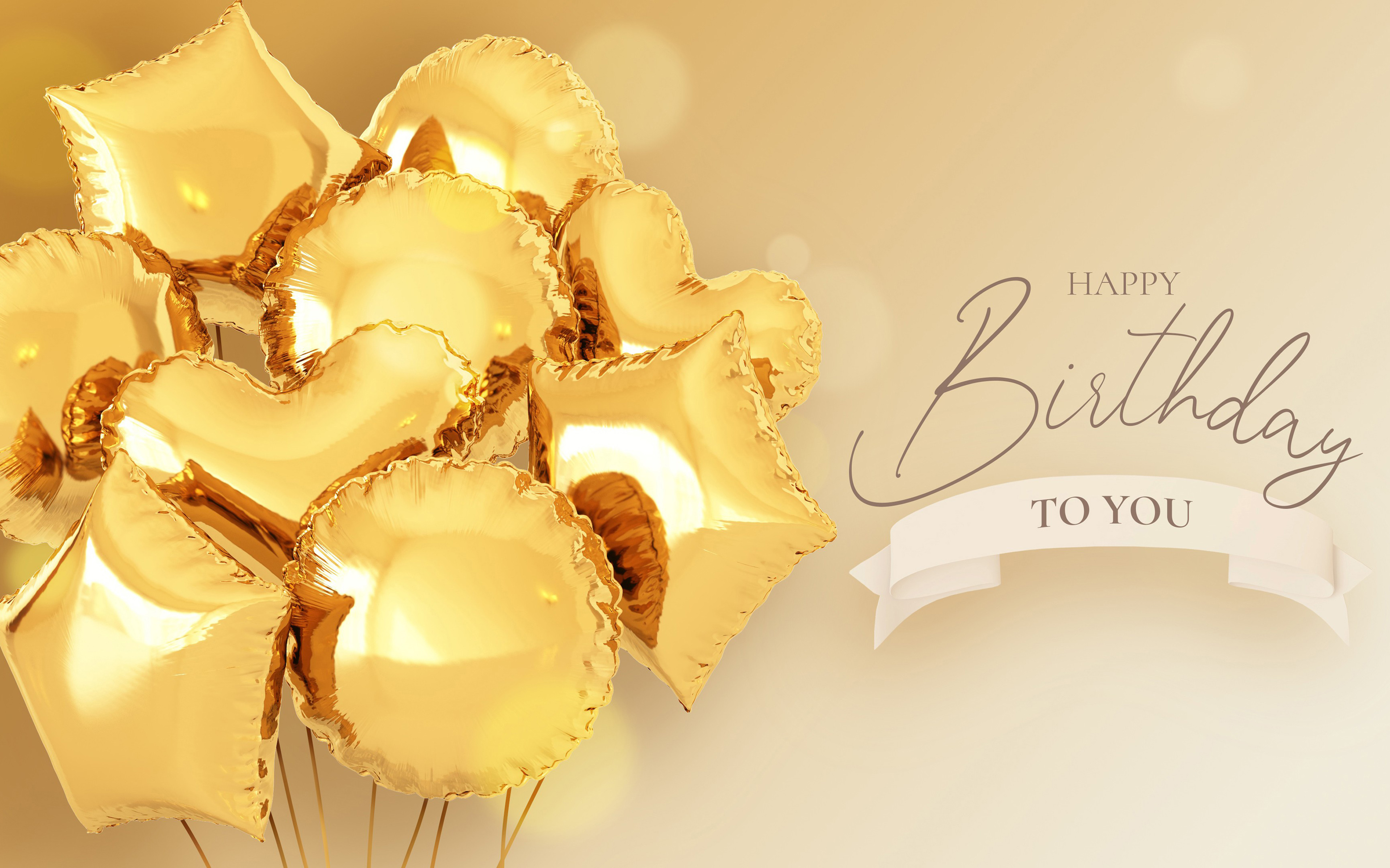 Download wallpaper Happy birthday to you, 4k, yellow birthday background, golden balloons, birthday greeting card, bundle of golden balloons, Happy birthday for desktop with resolution 3840x2400. High Quality HD picture wallpaper