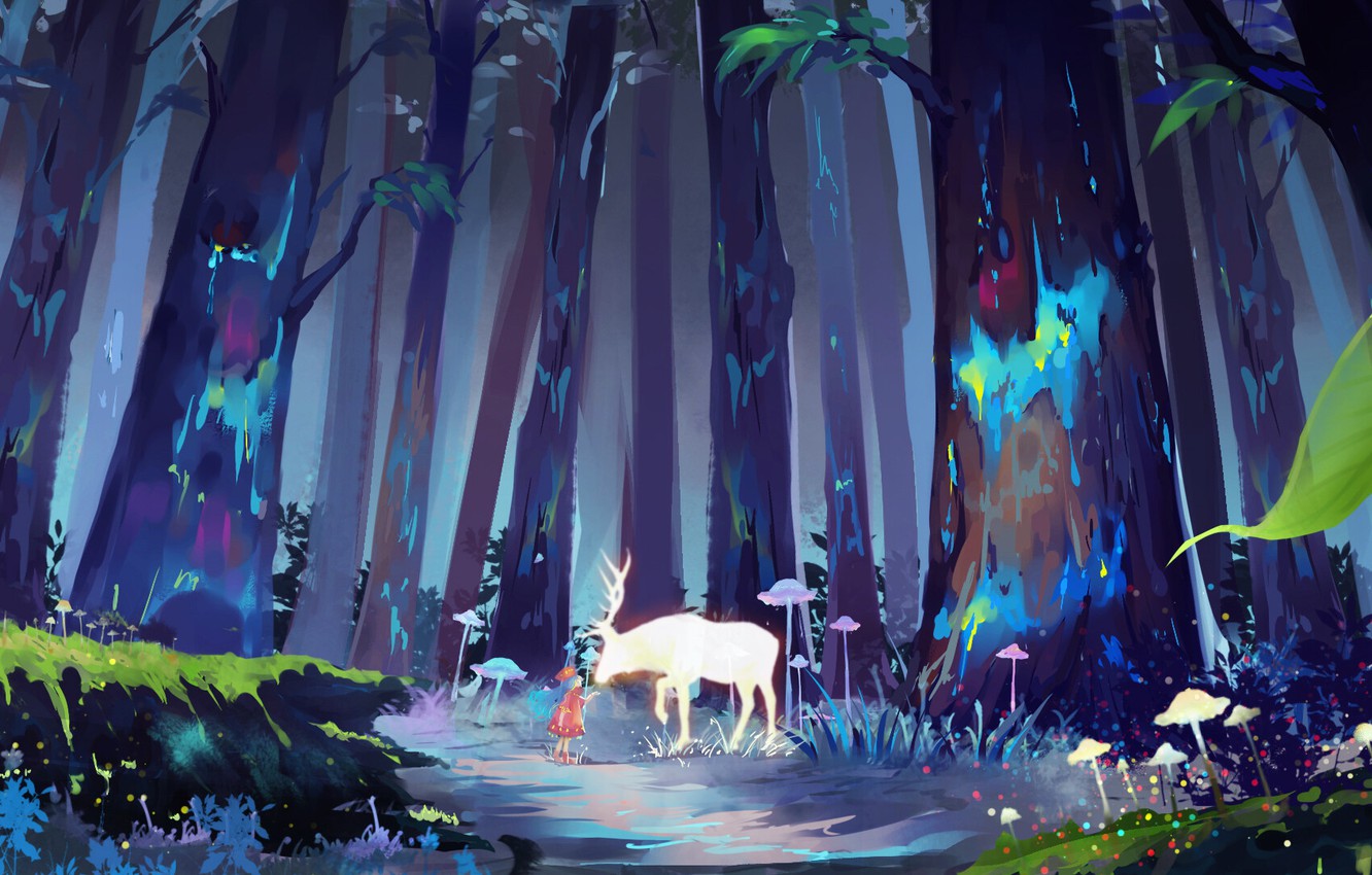 Wallpaper mushrooms, deer, girl, horns, red dress, friends, path, child, fairy forest, in the woods, large trees image for desktop, section арт