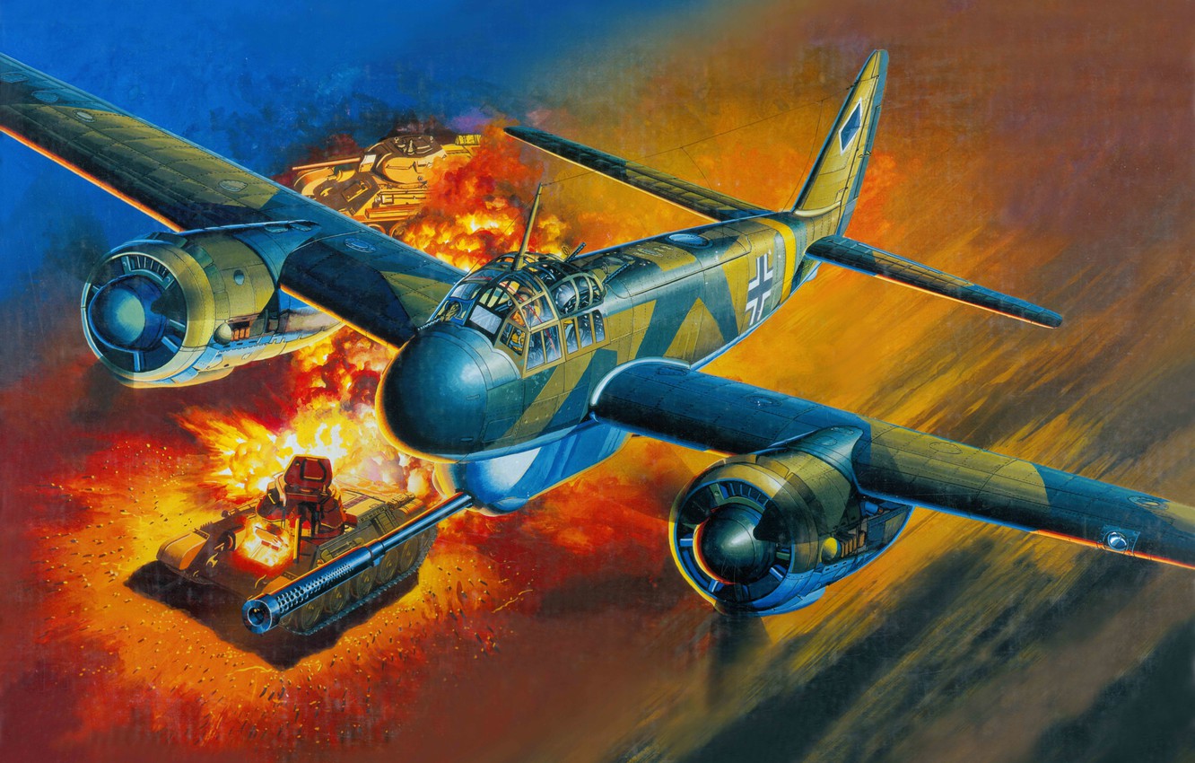 Wallpaper The Sky, Fire, War, Gun, Attack, Art, T 34, German, Junkers, Soviet, Medium Tank, Tank Fighter, Anti Tank, Pak 40, Ju.88, P 1 Image For Desktop, Section авиация