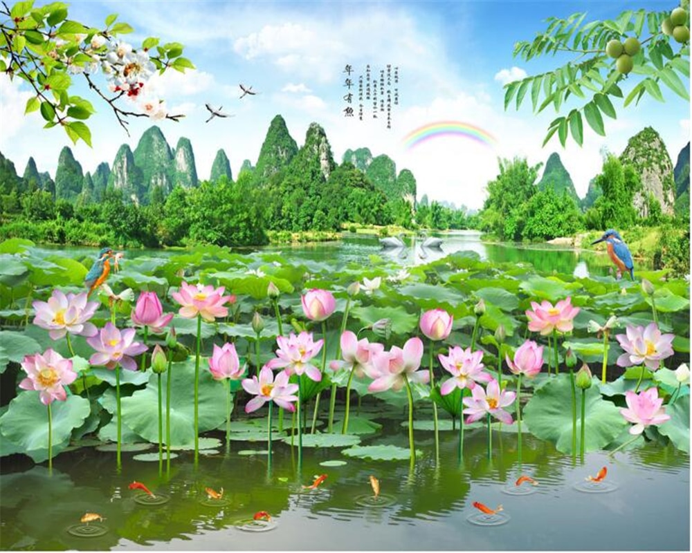 Beibehang Beautiful Lotus Pond Flower Wallpaper Landscape Wallpaper Bedroom Living Room Background Decorative Mural Wall 3 D