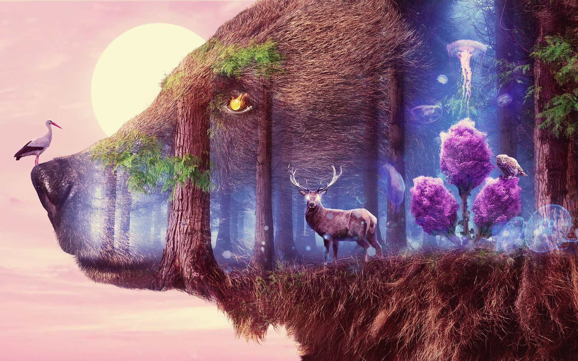 Download wallpaper fairy forest, bear, deer, pink tree, owl, fantastic forest, wildlife for desktop with resolution 1920x1200. High Quality HD picture wallpaper