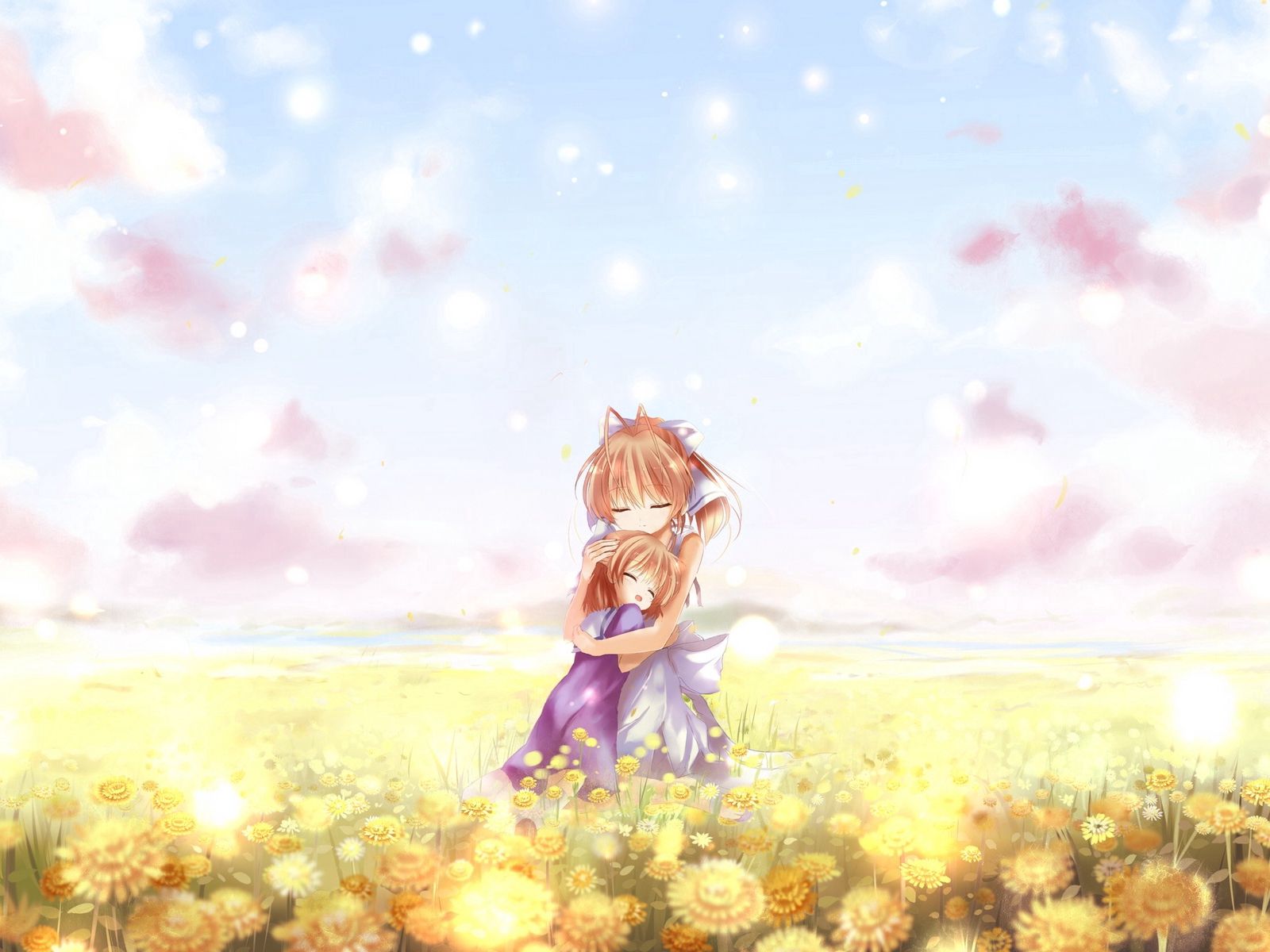 Download wallpaper 1600x1200 girl, hug, tenderness, field, flowers, summer standard 4:3 HD background