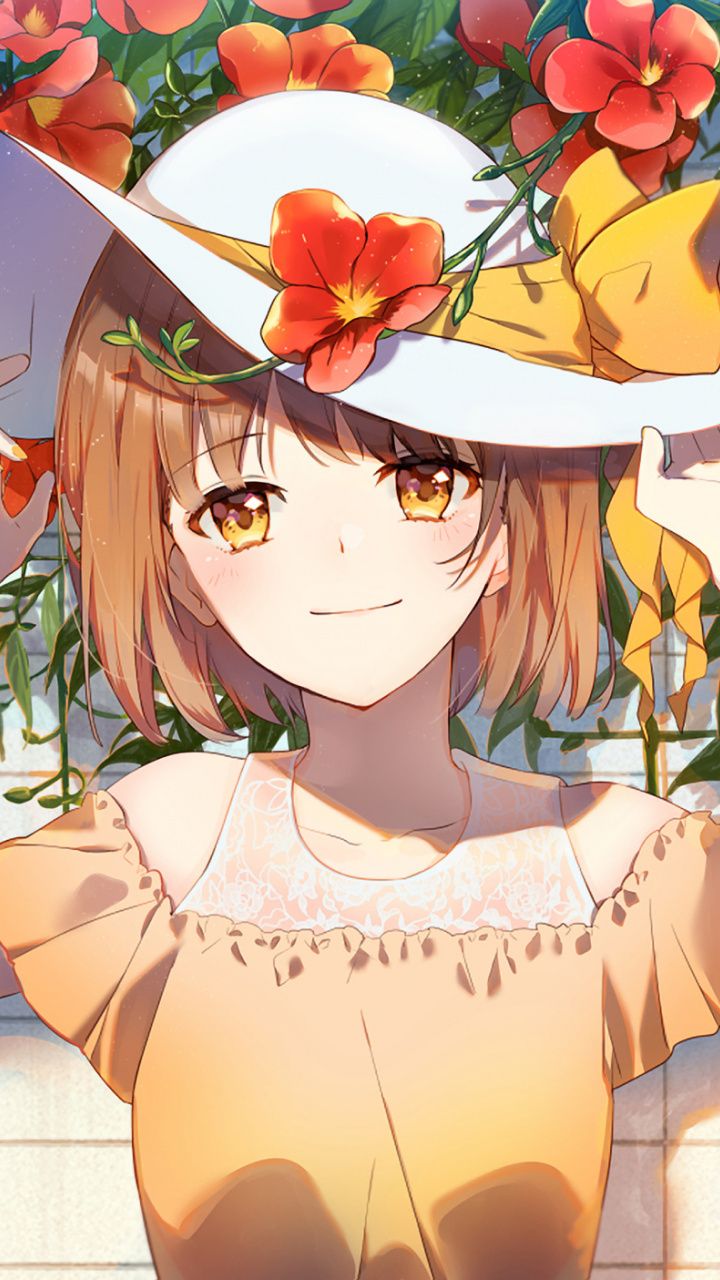 Yellow eyes, hat, flowers, smile, beautiful, anime girl, 720x1280 wallpaper