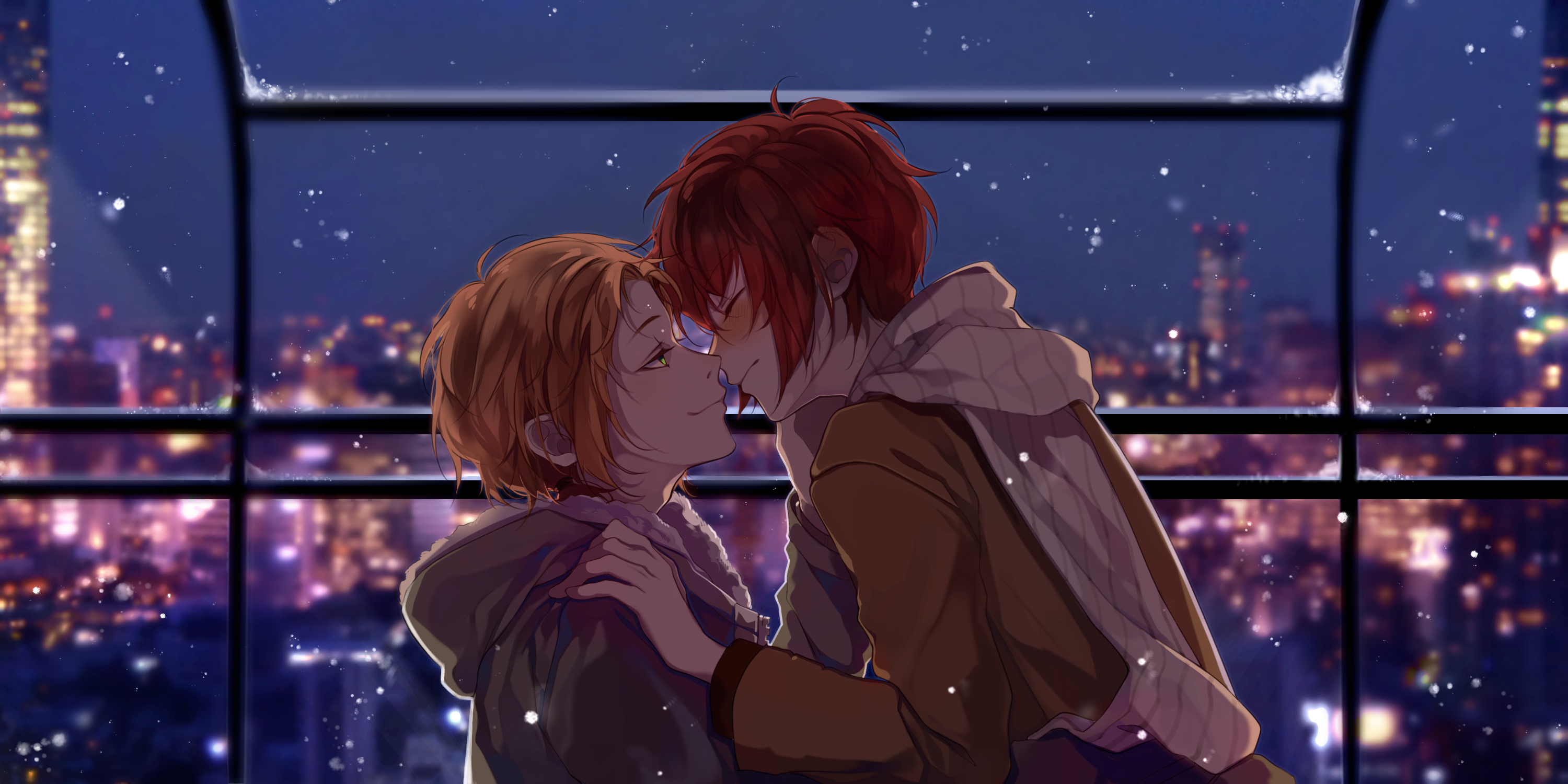High View Cold Yaoi Ensemble Stars Anime Blushing Lights Night Redhead Scarf City Closed Eyes Anime Boys Smile