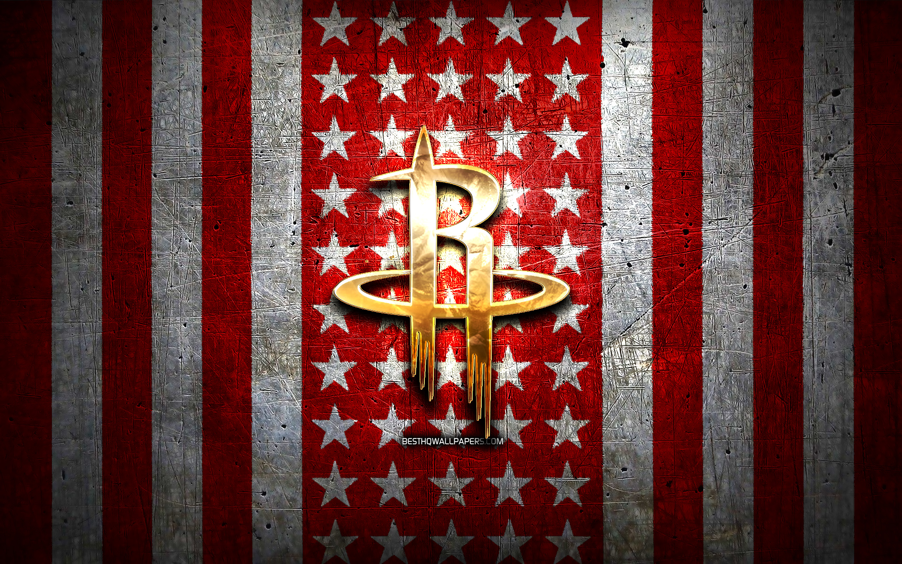 Download wallpaper Houston Rockets flag, NBA, red white metal background, american basketball club, Houston Rockets logo, USA, basketball, golden logo, Houston Rockets for desktop with resolution 2880x1800. High Quality HD picture wallpaper
