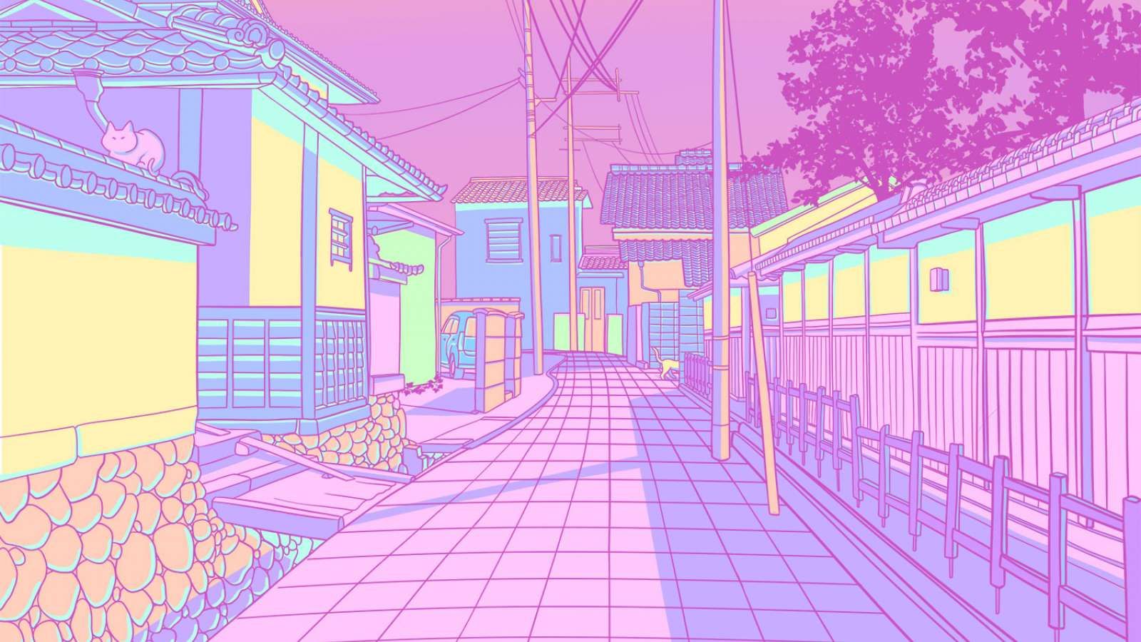 Pastel Japan, Cats and Alleyways Illustrations. Cute laptop wallpaper, Desktop wallpaper art, Cute desktop wallpaper