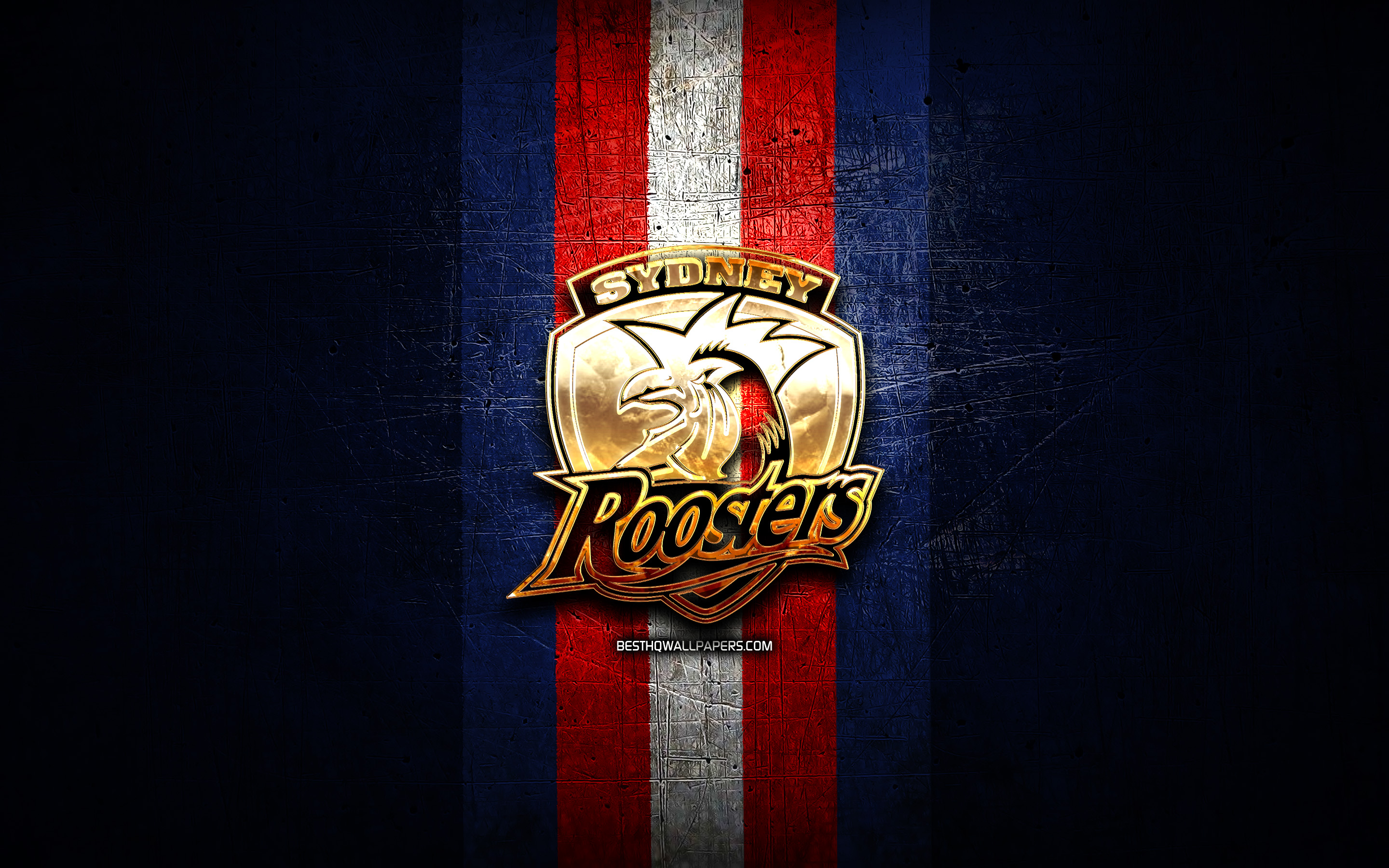 Download wallpaper Sydney Roosters, golden logo, National Rugby League, blue metal background, australian rugby club, Sydney Roosters logo, rugby, NRL for desktop with resolution 2880x1800. High Quality HD picture wallpaper
