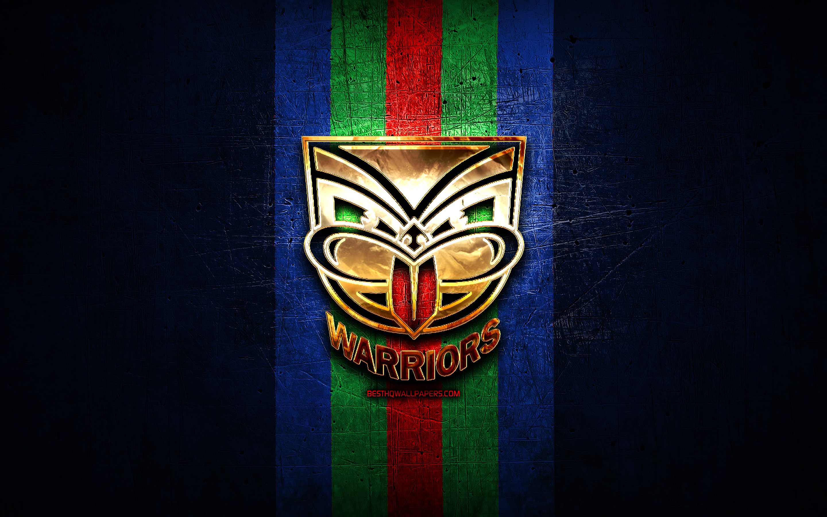 Download wallpaper New Zealand Warriors, golden logo, National Rugby League, blue metal background, australian rugby club, New Zealand Warriors logo, rugby, NRL for desktop with resolution 2880x1800. High Quality HD picture wallpaper