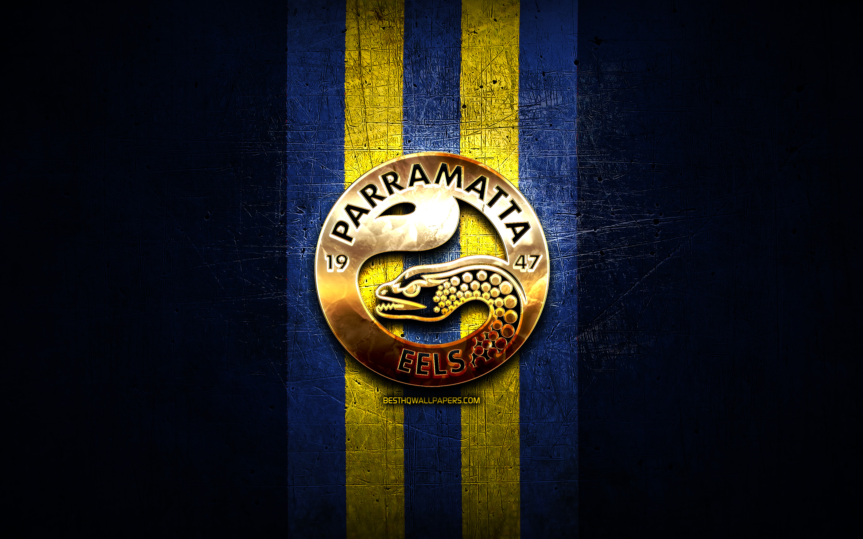 Download wallpaper Parramatta Eels, golden logo, National Rugby League, blue metal background, australian rugby club, Parramatta Eels logo, rugby, NRL for desktop with resolution 2880x1800. High Quality HD picture wallpaper