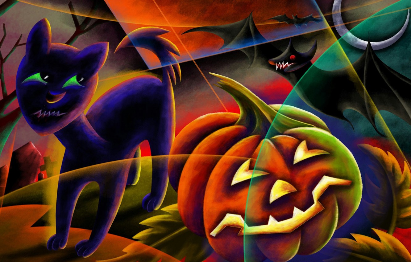 Wallpaper night, the moon, cemetery, pumpkin, Eclipse, bat, black cat, Happy Halloween, Jack image for desktop, section живопись