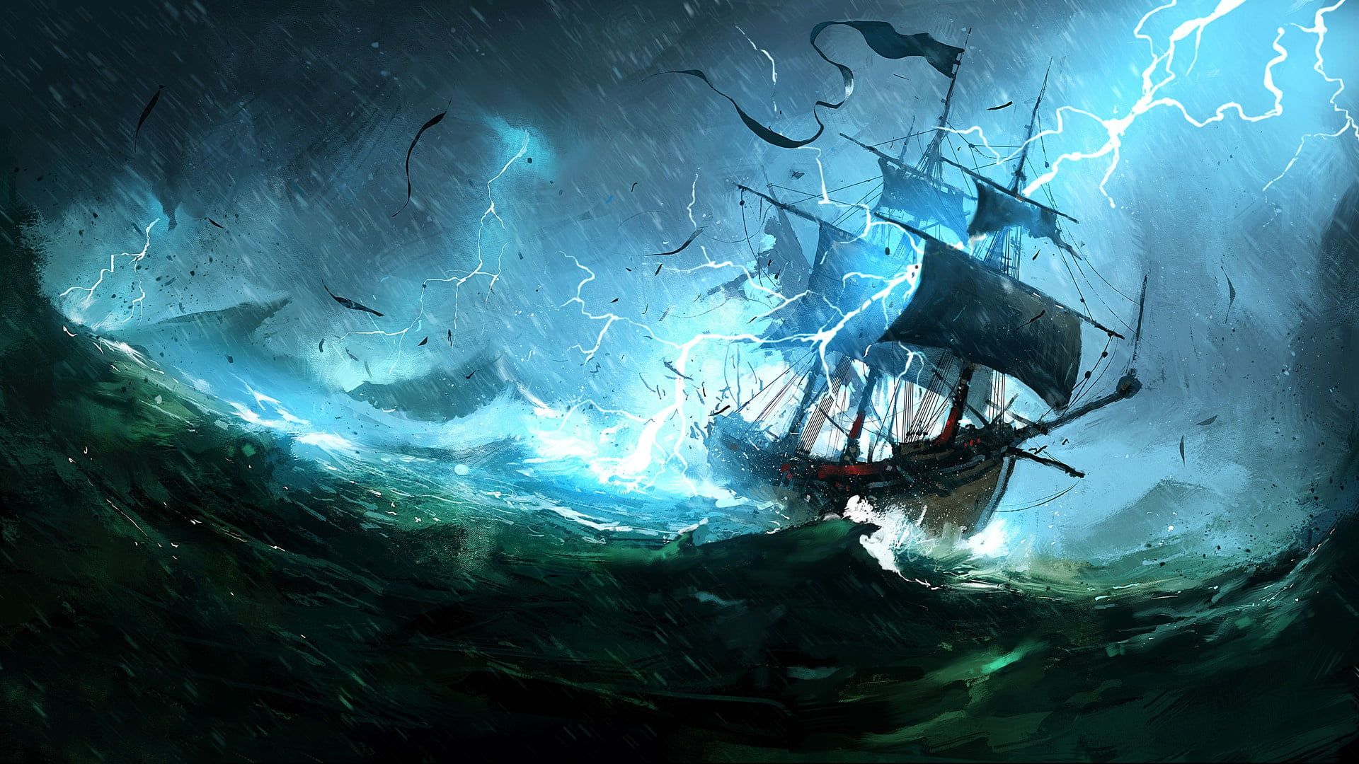 HD wallpaper: ship on sea during thunderstorm animated wallpaper, fantasy art