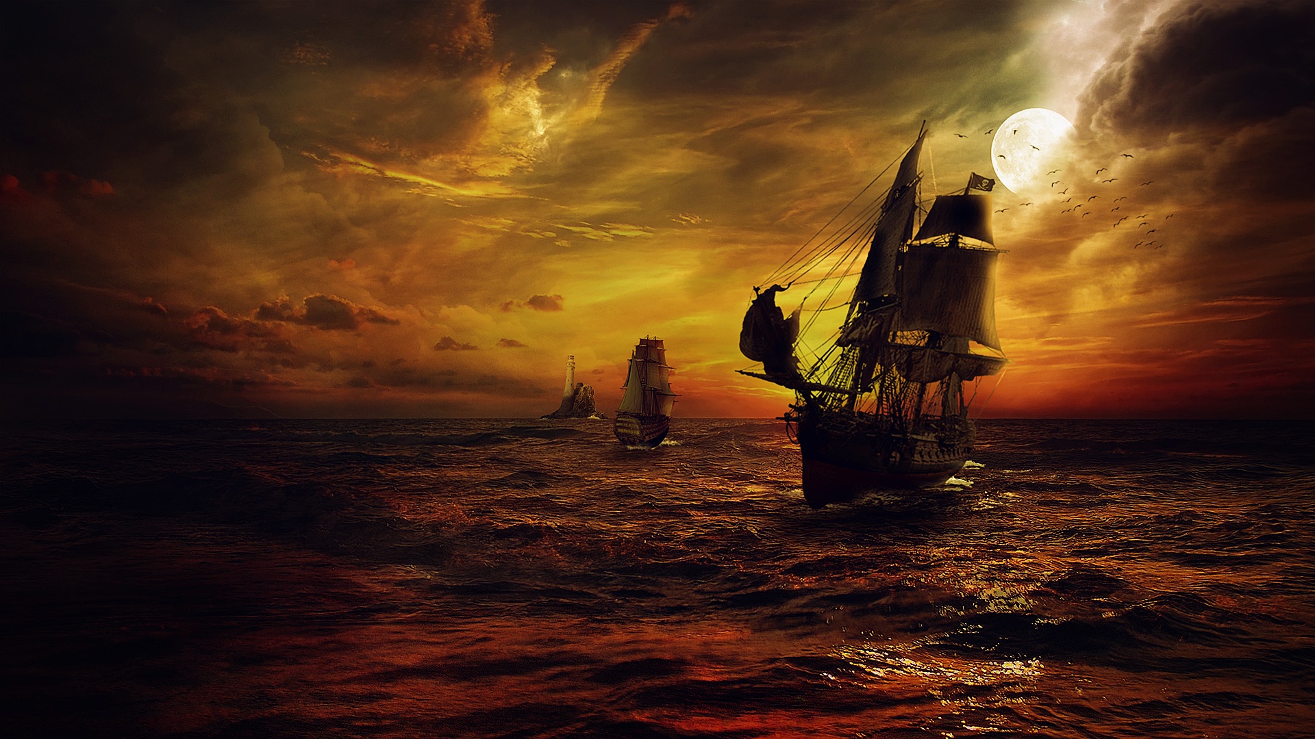 Wallpaper Pirate, Ship, Night, Sea, Night, Moon, Fantasy background