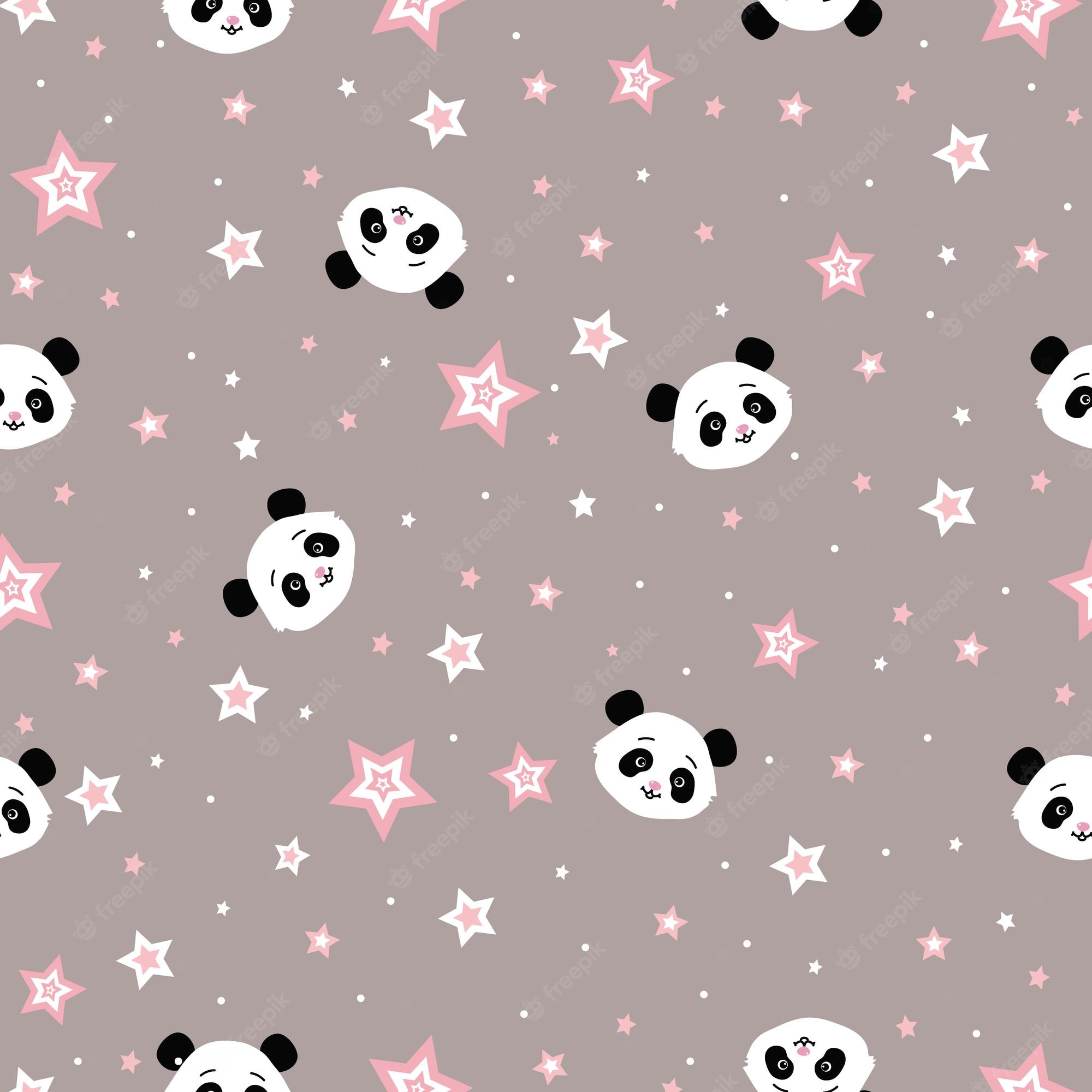 Premium Vector. Seamless pattern with cute cartoon panda and pink starsdesign for childrens wallpaper