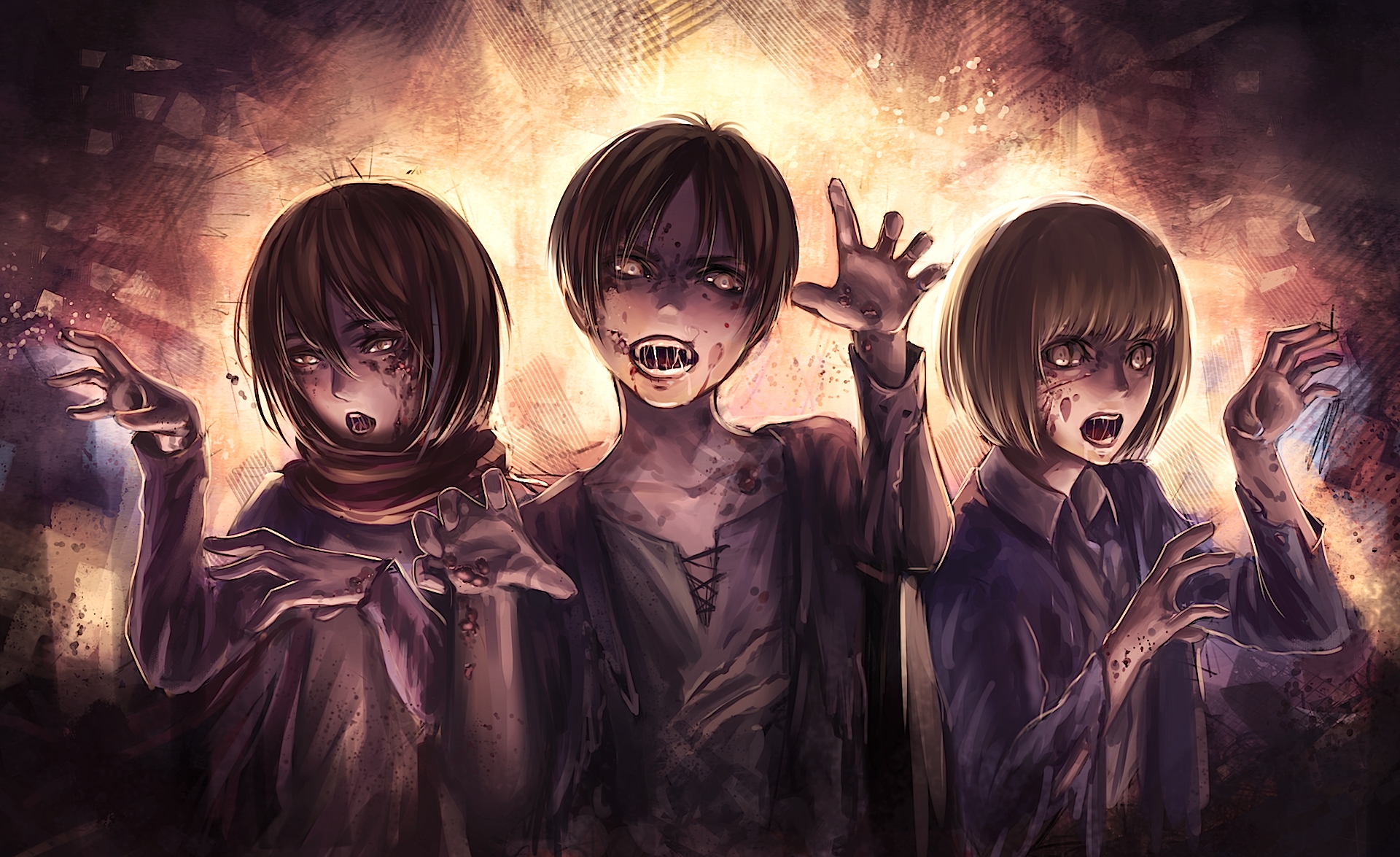 Attack on Titan Zombies: Eren, Mikasa & Armin HD Horror Wallpaper
