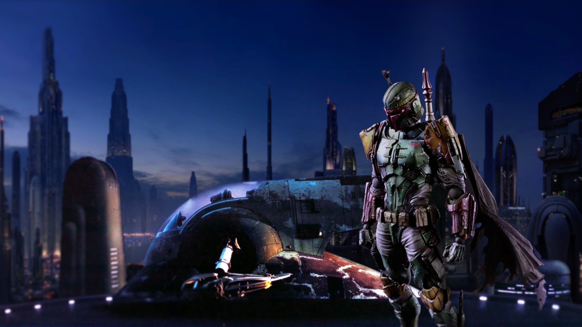 Boba Fett, bounty hunter, Star Wars, Coruscant, Photohopped, Slave 1 (Star Wars), Star Wars Villains, Star Wars Ships, science fictionx1080 Wallpaper