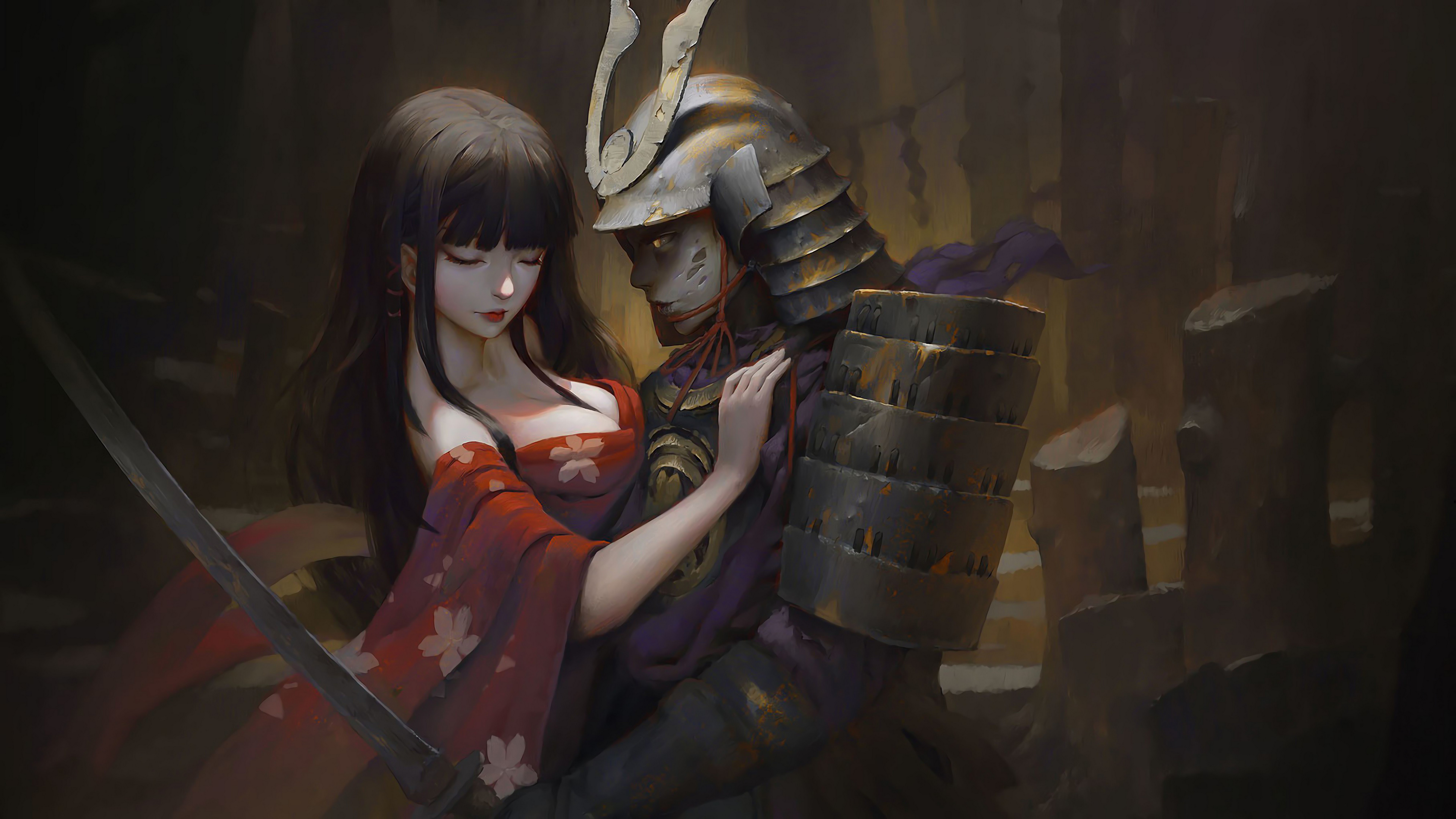 Fantasy Girl Kimono Samurai Katana 4K Wallpaper