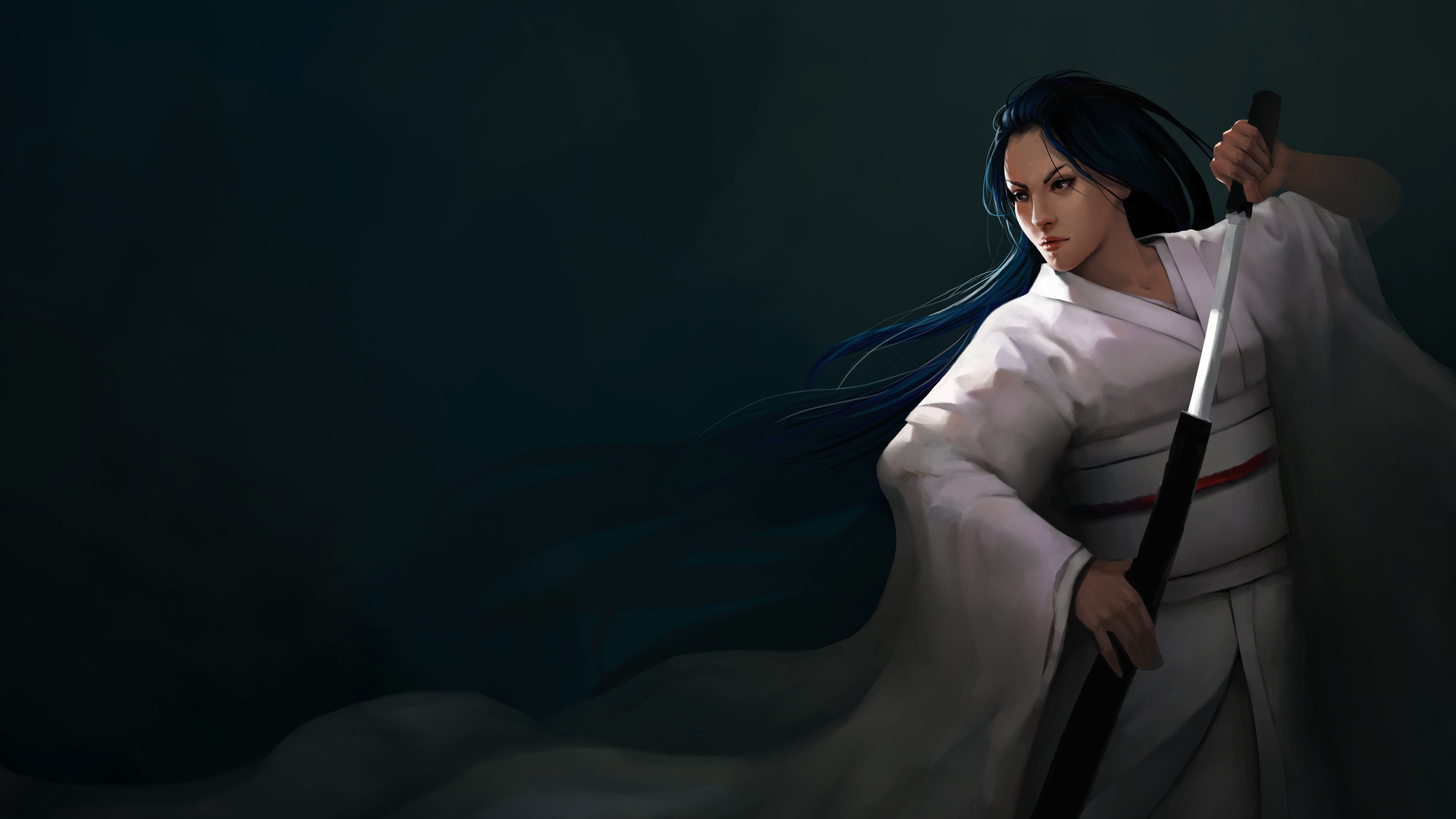 Wallpaper Fantasy Japanese girl, blue hair, sword 3840x2160 UHD 4K Picture, Image