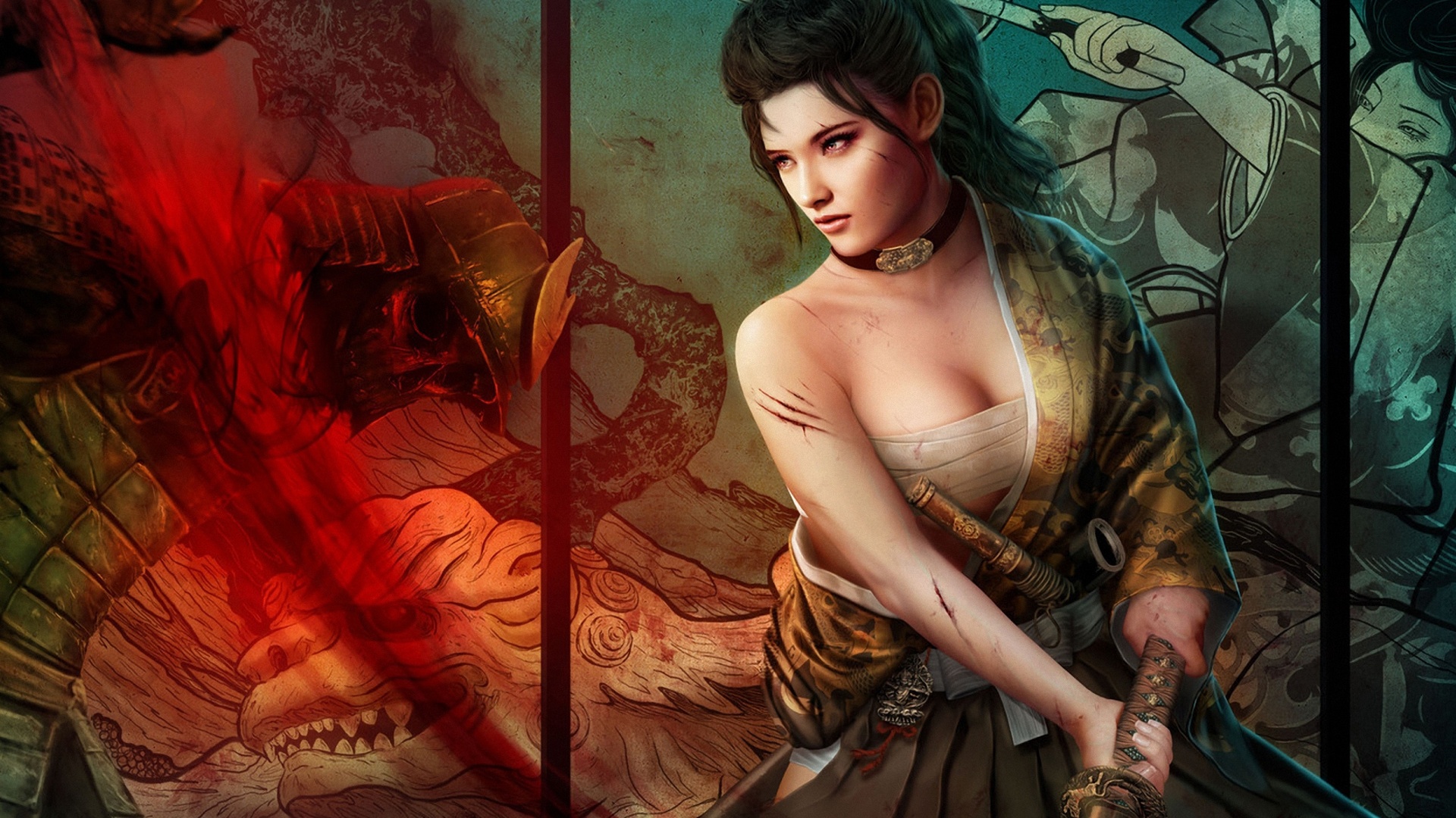Wallpaper Fantasy Japanese girl, katana, blood 1920x1440 HD Picture, Image